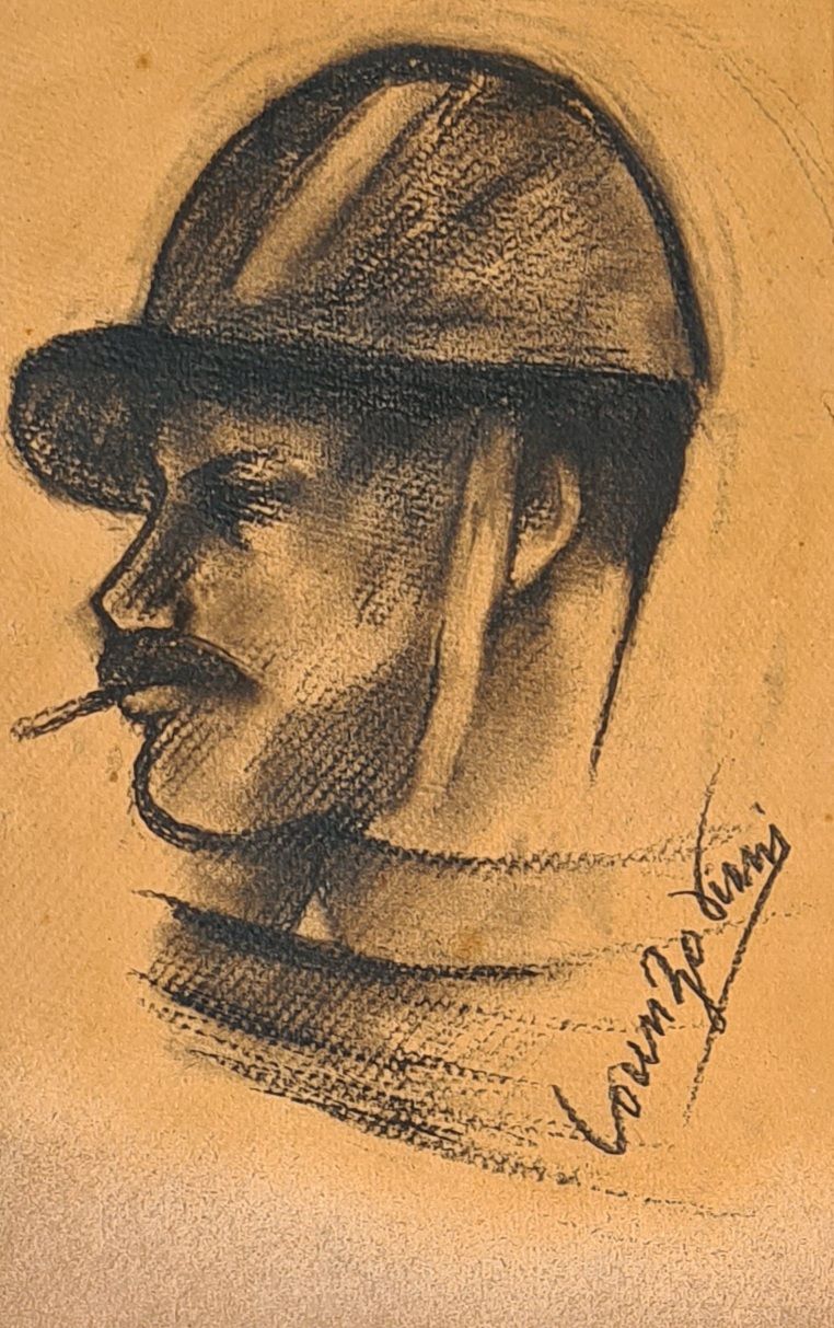 LORENZO VIANI 纸上炭笔 兵士与香烟 尺寸：41cm x 27,3cm 认证：Dei教授的照片档案。