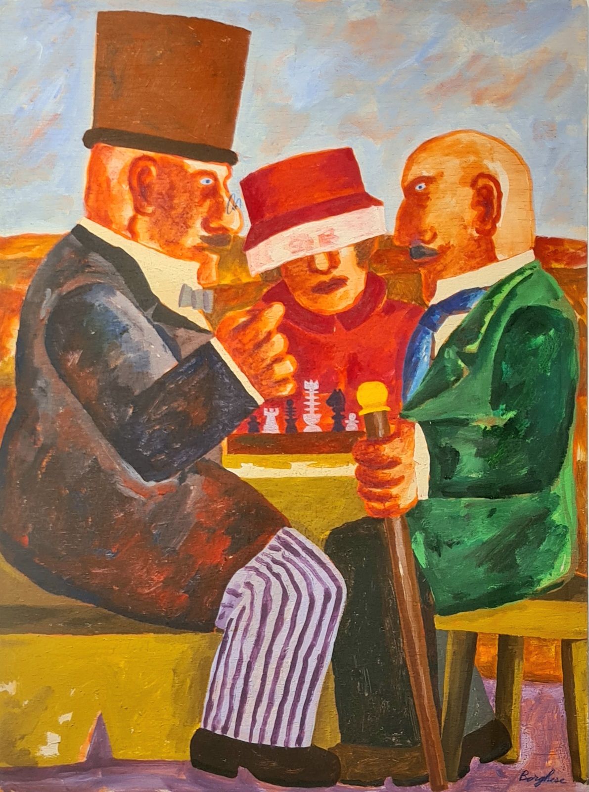 Franz Borghese Acrílico y pastel al óleo sobre panel "Partida de ajedrez" Dimens&hellip;