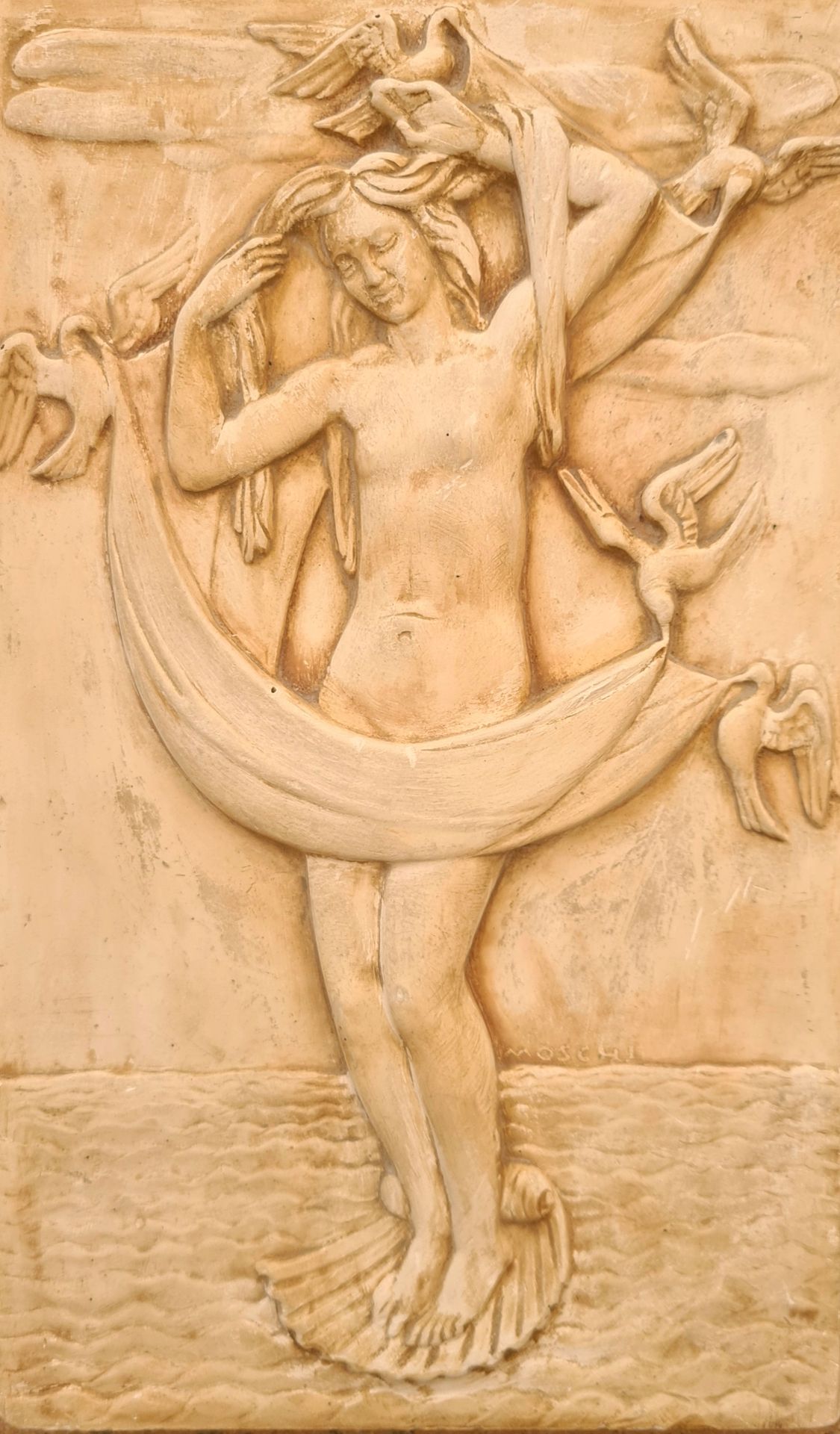 MARIO MOSCHI 'Venus' Plaster bas-relief Size: 31cm x 19cm Certification: Signed &hellip;