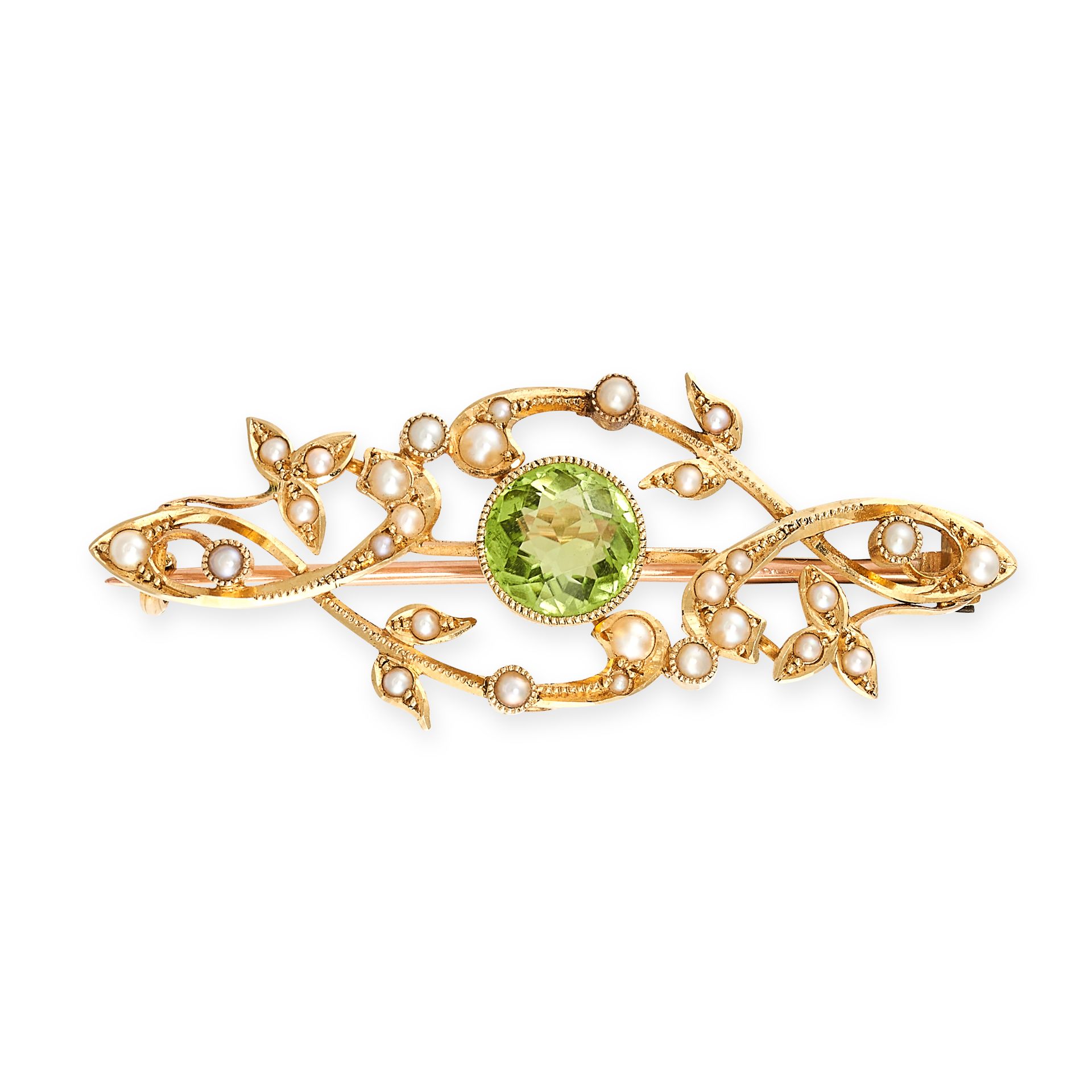 Null NO RESERVE - AN ANTIQUE EDWARDIAN PERIDOT AND PEARL BROOCH in 15ct yellow g&hellip;