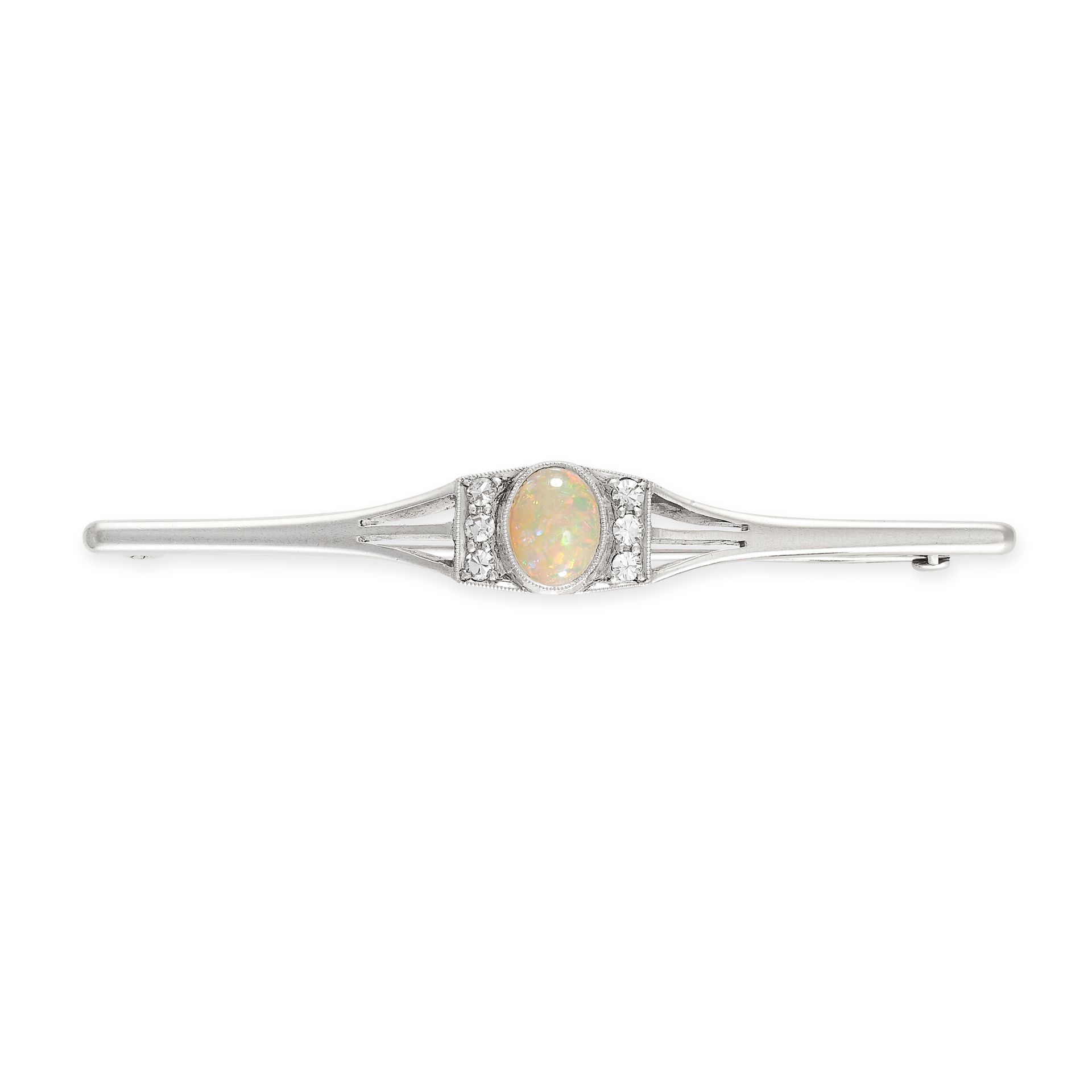 Null NO RESERVE - AN OPAL AND DIAMOND BAR BROOCH in platinum and 9ct gold, the t&hellip;