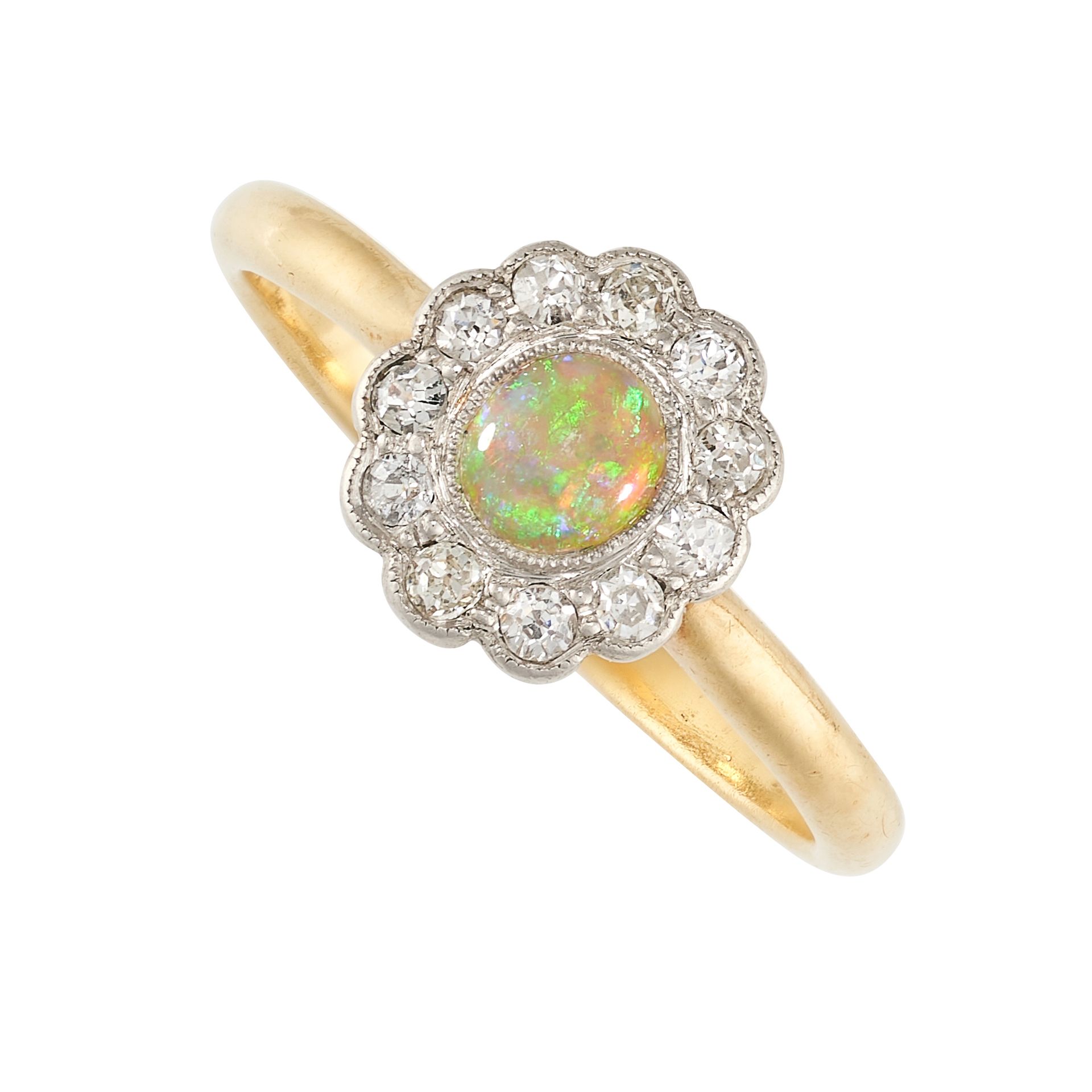 Null NO RESERVE - AN OPAL AND DIAMOND CLUSTER RING in 18ct yellow gold and plati&hellip;