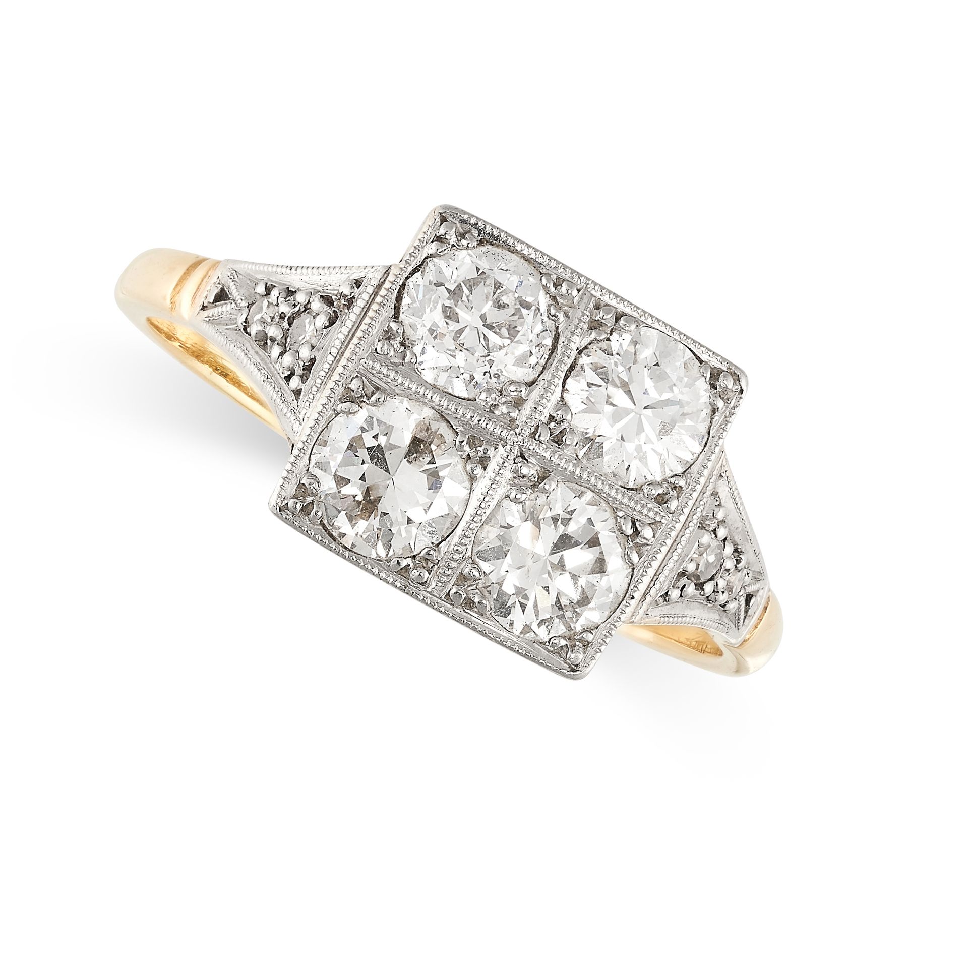 Null 无保留 - 18克拉黄金和铂金装饰钻石礼服戒指，方形表面镶嵌四颗老式切割钻石，肩部有一对渐变的单一切割钻石作点缀，钻石总计1.0-1.1克拉，印有18&hellip;