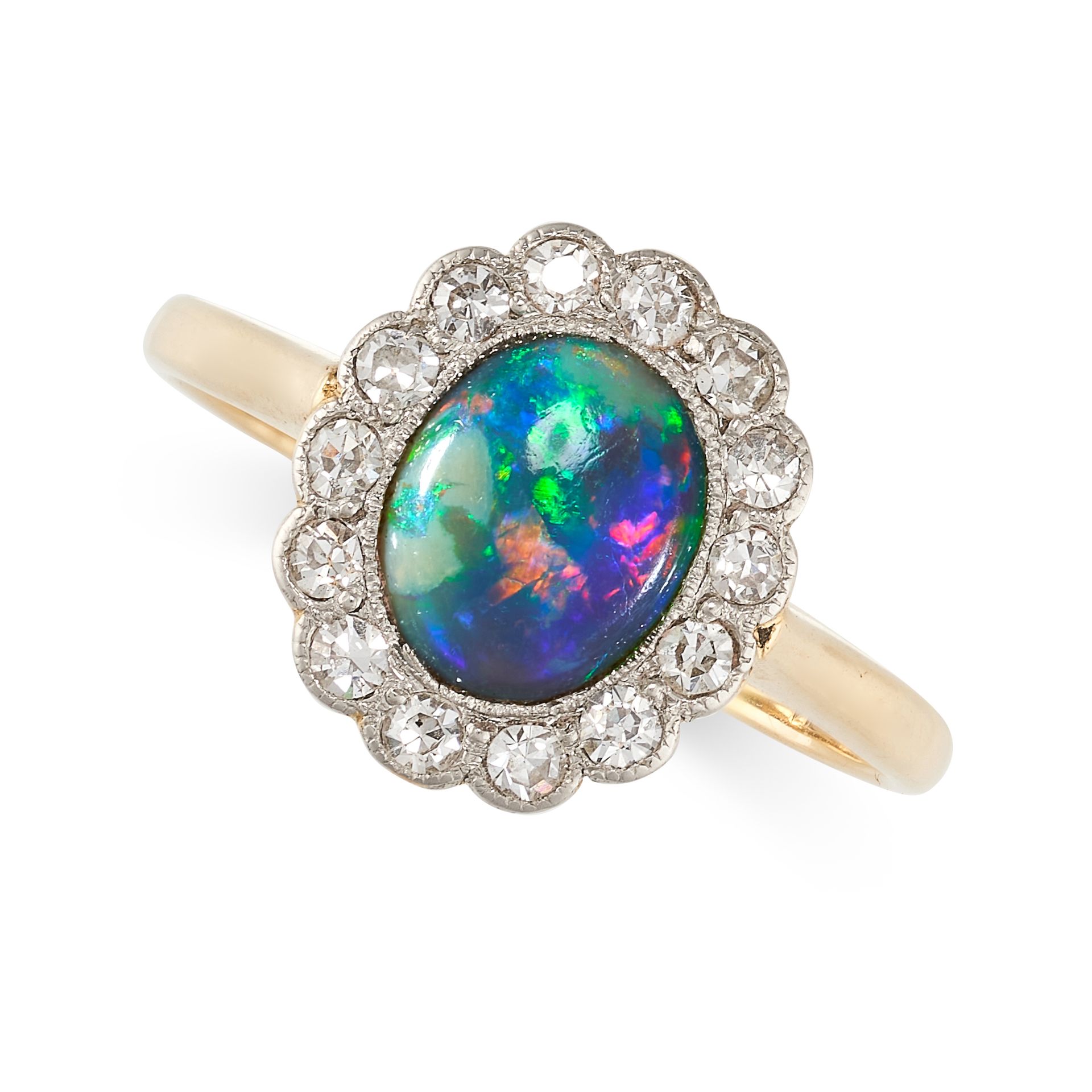 Null NO RESERVE - AN ANTIQUE BLACK OPAL AND DIAMOND CLUSTER RING in 18ct yellow &hellip;