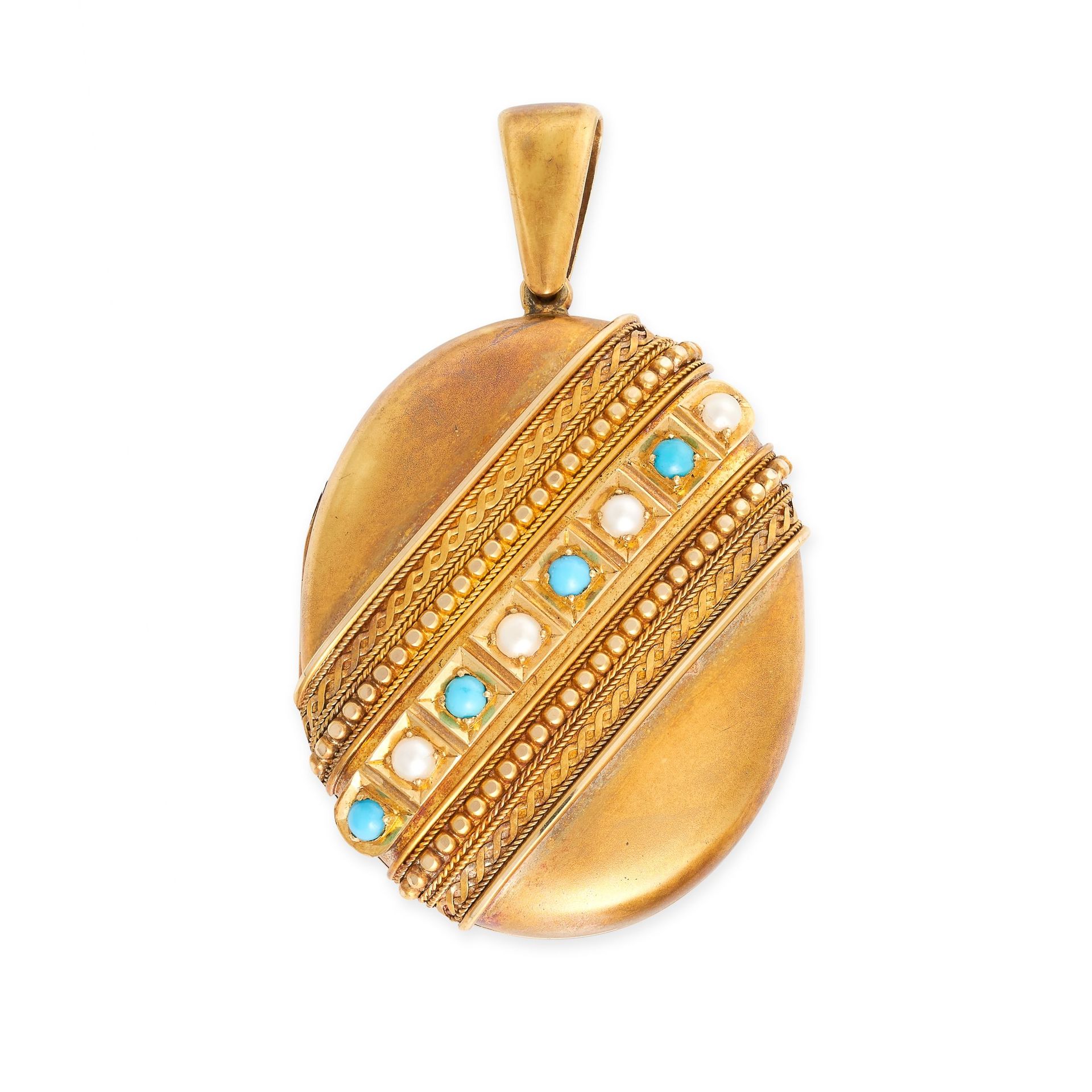 Null NO RESERVE - AN ANTIQUE TURQUOISE AND PEARL MOURNING LOCKET PENDANT in 15ct&hellip;