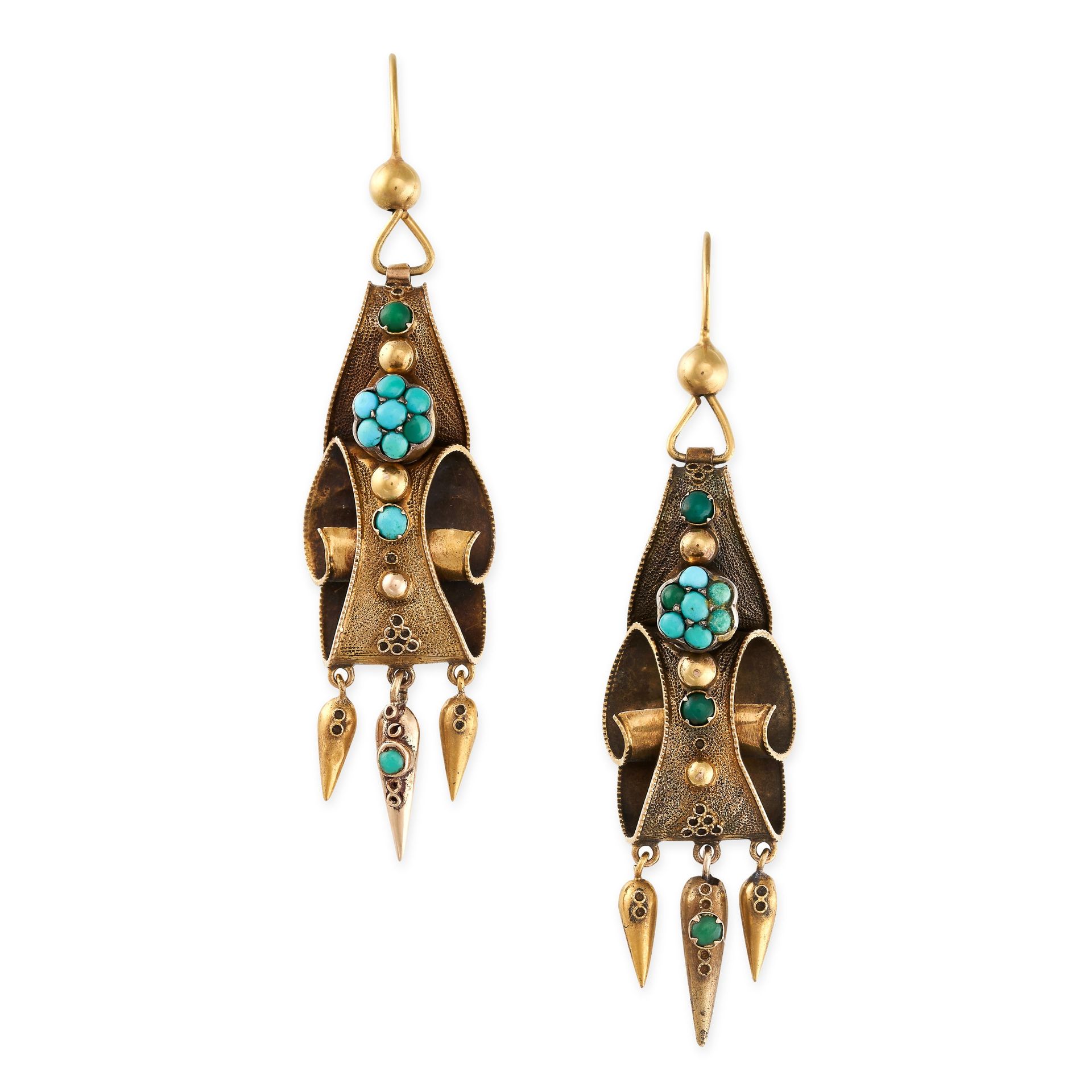 Null NO RESERVE - A PAIR OF ANTIQUE TURQUOISE DROP EARRINGS, 19TH CENTURY in yel&hellip;