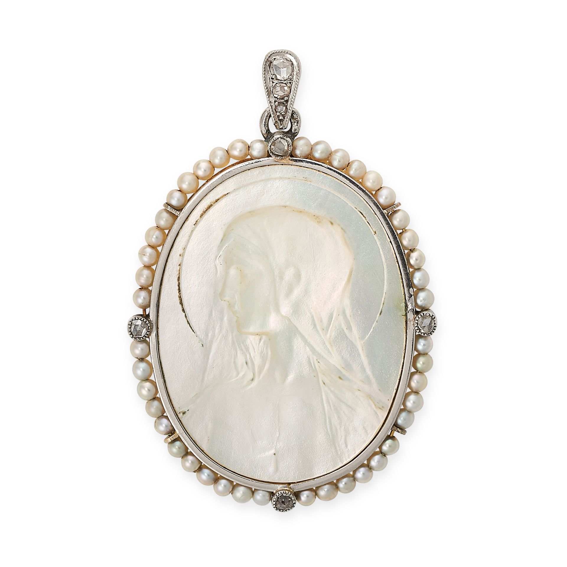 Null AN ANTIQUE MOTHER OF PEARL CAMEO, DIAMOND AND PEARL PENDANT, EARLY 20TH CEN&hellip;