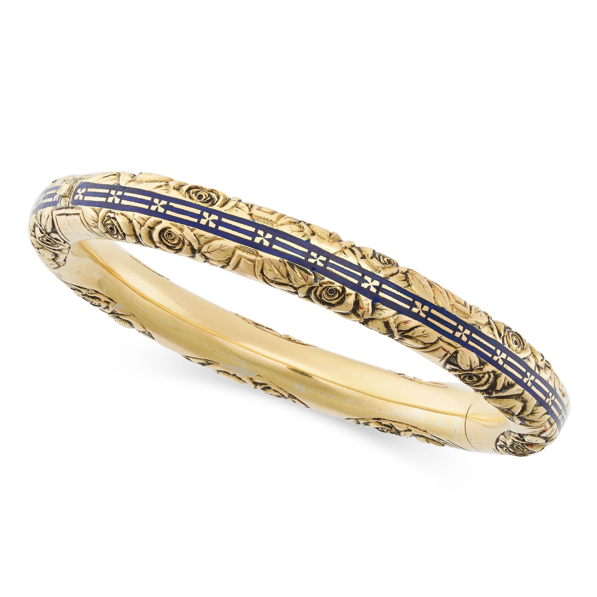 Null AN ANTIQUE ENAMEL BANGLE, 19TH CENTURY in yellow gold, with a central band &hellip;