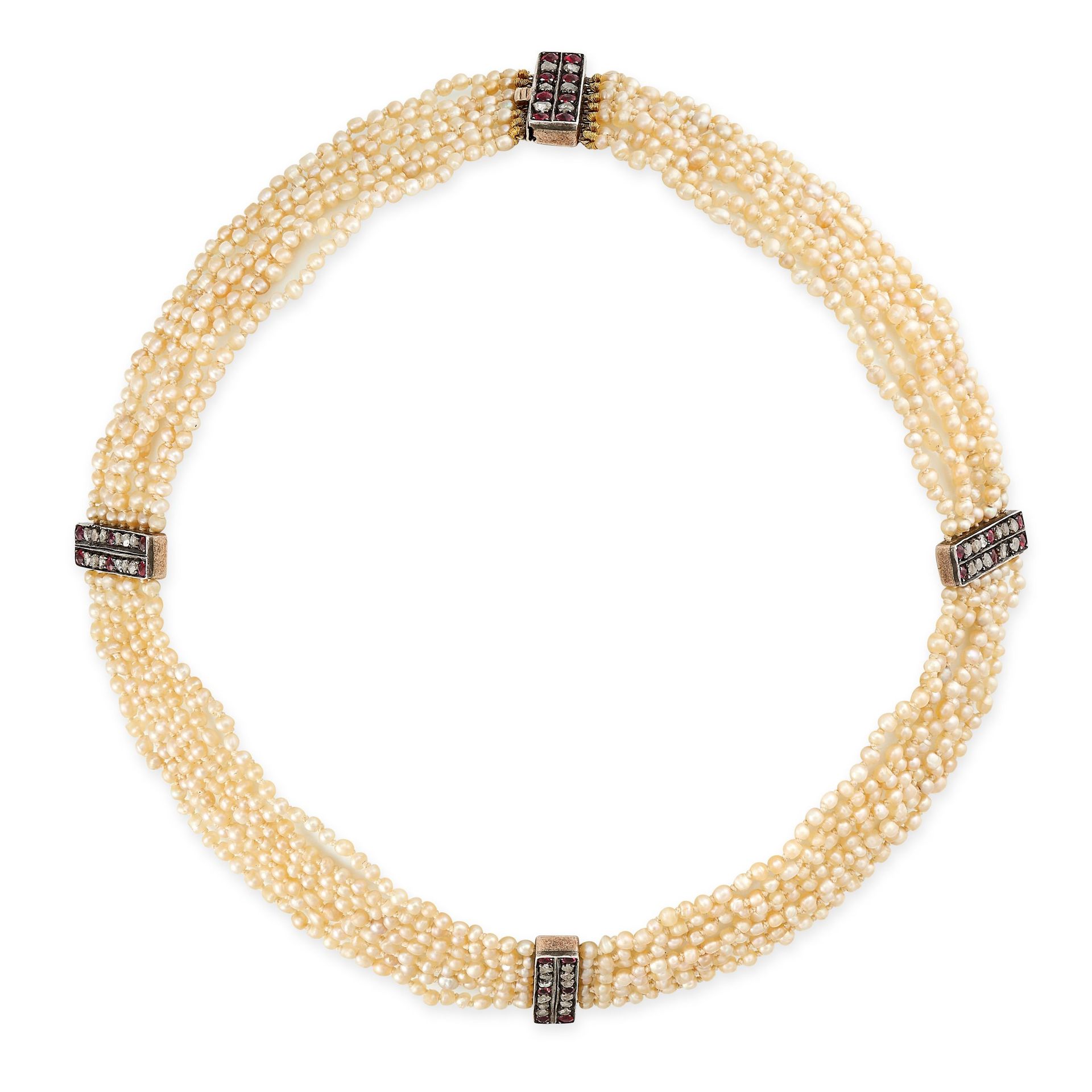 Null AN ANTIQUE PEARL, DIAMOND AND RUBY CHOKER NECKLACE in yellow gold and silve&hellip;
