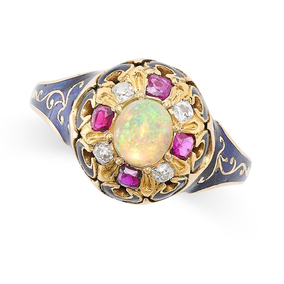 Null AN ANTIQUE OPAL, DIAMOND, RUBY AND ENAMEL RING, 19TH CENTURY in yellow gold&hellip;