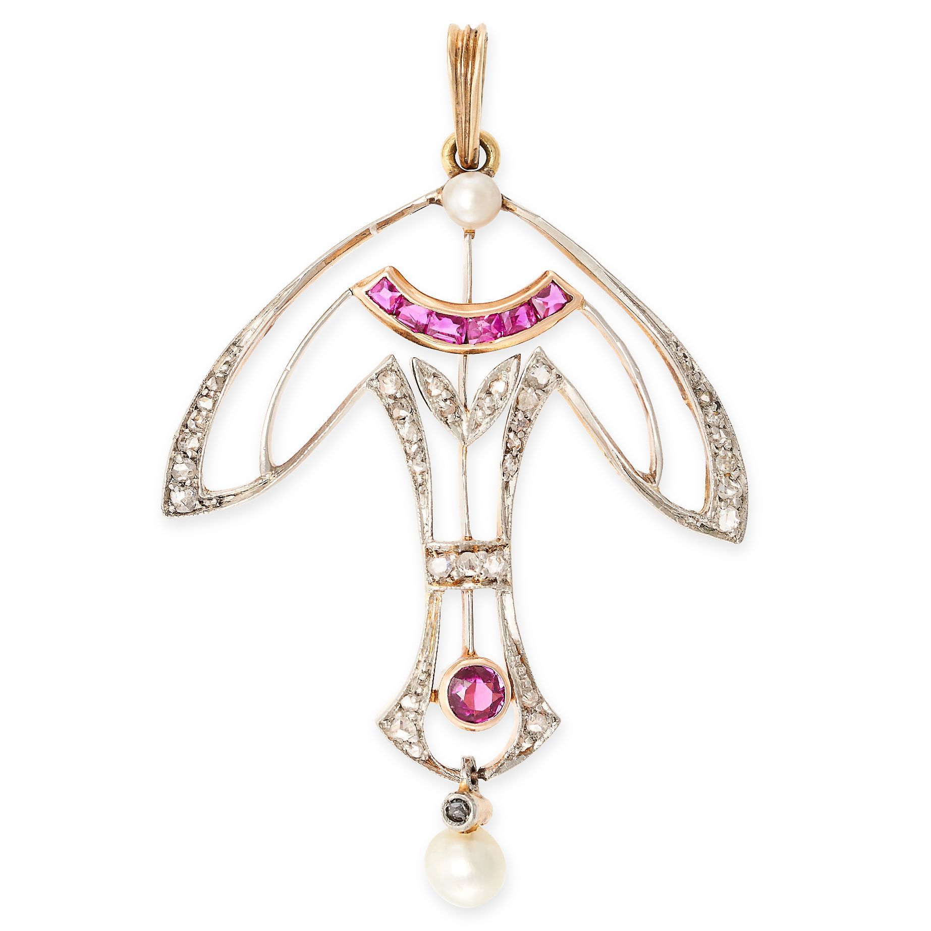 Null AN ART NOUVEAU RUBY, PEARL AND DIAMOND PENDANT in yellow gold and silver, t&hellip;