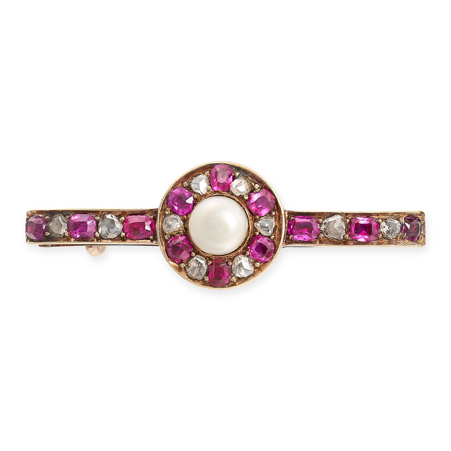 Null AN ANTIQUE RUBY, DIAMOND AND PEARL BAR BROOCH in yellow gold, set with a pe&hellip;