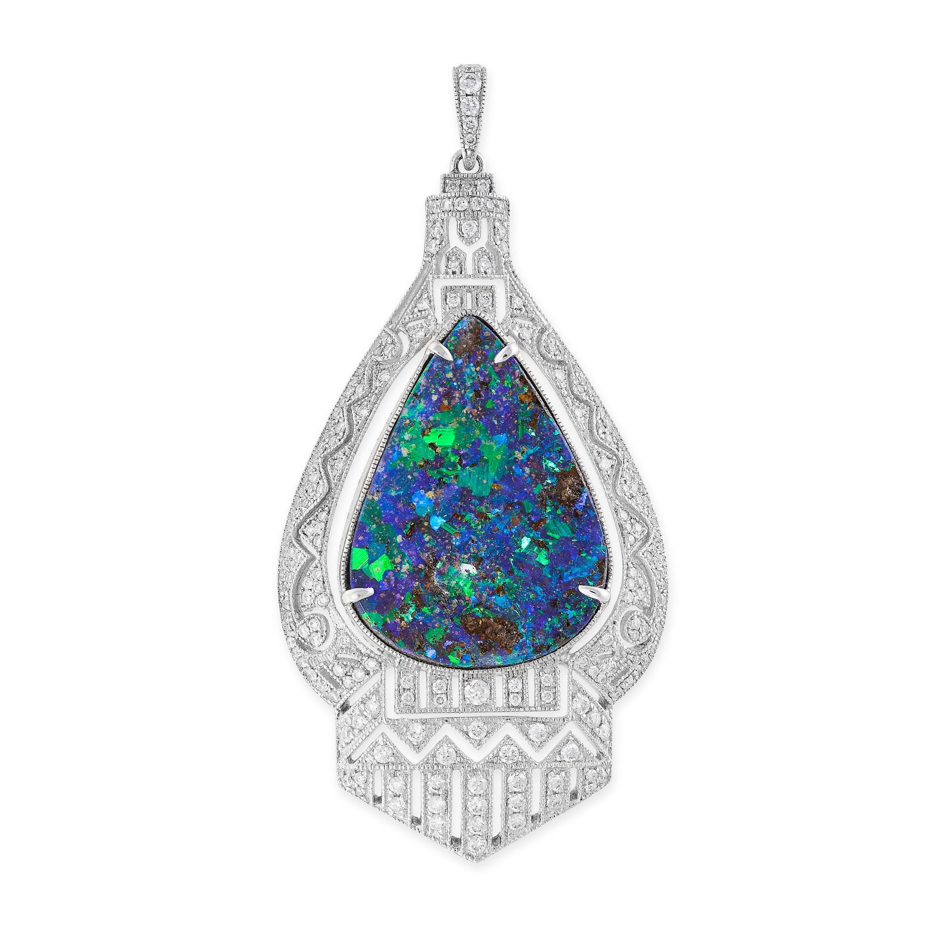 Null A BLACK OPAL AND DIAMOND PENDANT in 18ct white gold, set with a central pea&hellip;