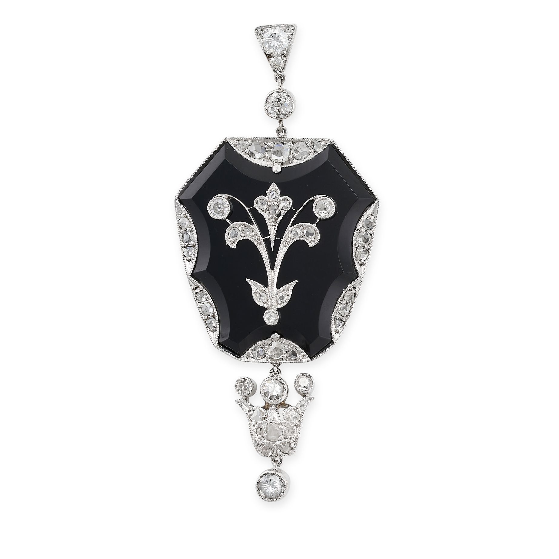 Null AN ANTIQUE ONYX AND DIAMOND PENDANT, EARLY 20TH CENTURY in platinum, set wi&hellip;