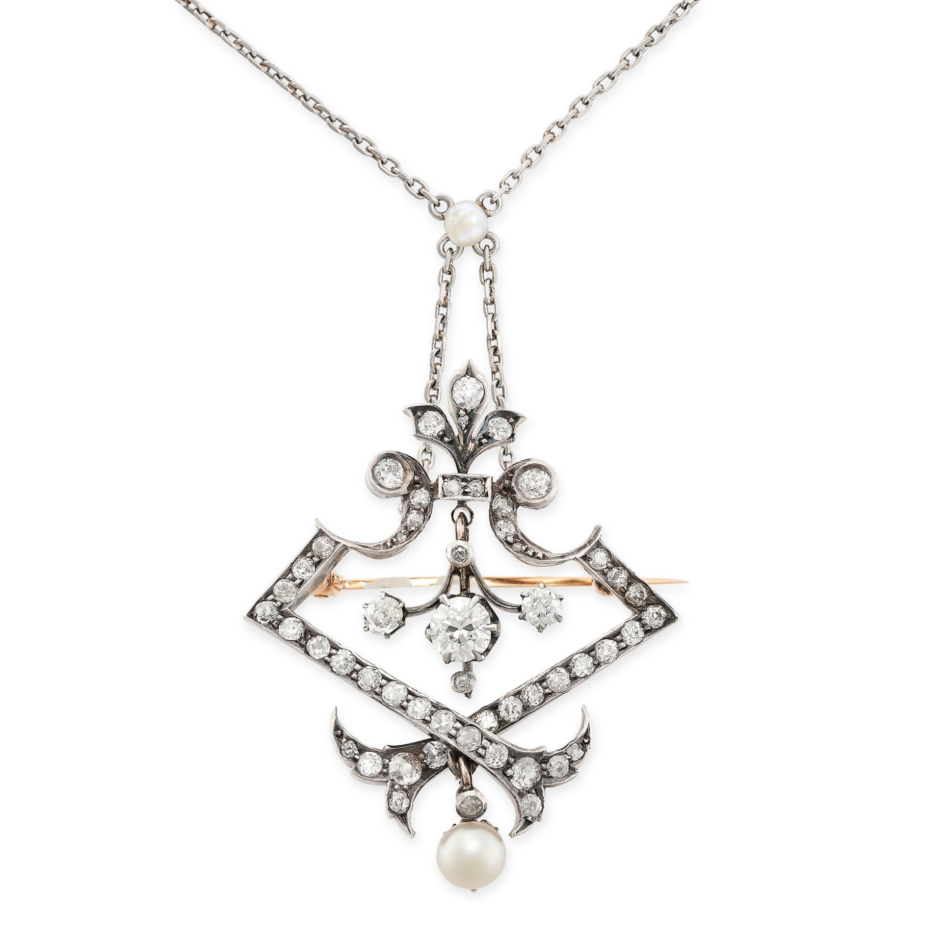Null 古代钻石和珍珠项链及吊坠/胸针，链子上镶嵌着一颗珍珠，吊坠/胸针上镶嵌着老式切割钻石，中间有一个衔接的钻石坠，最后有一个珍珠坠，钻石共重约2.0-2.&hellip;