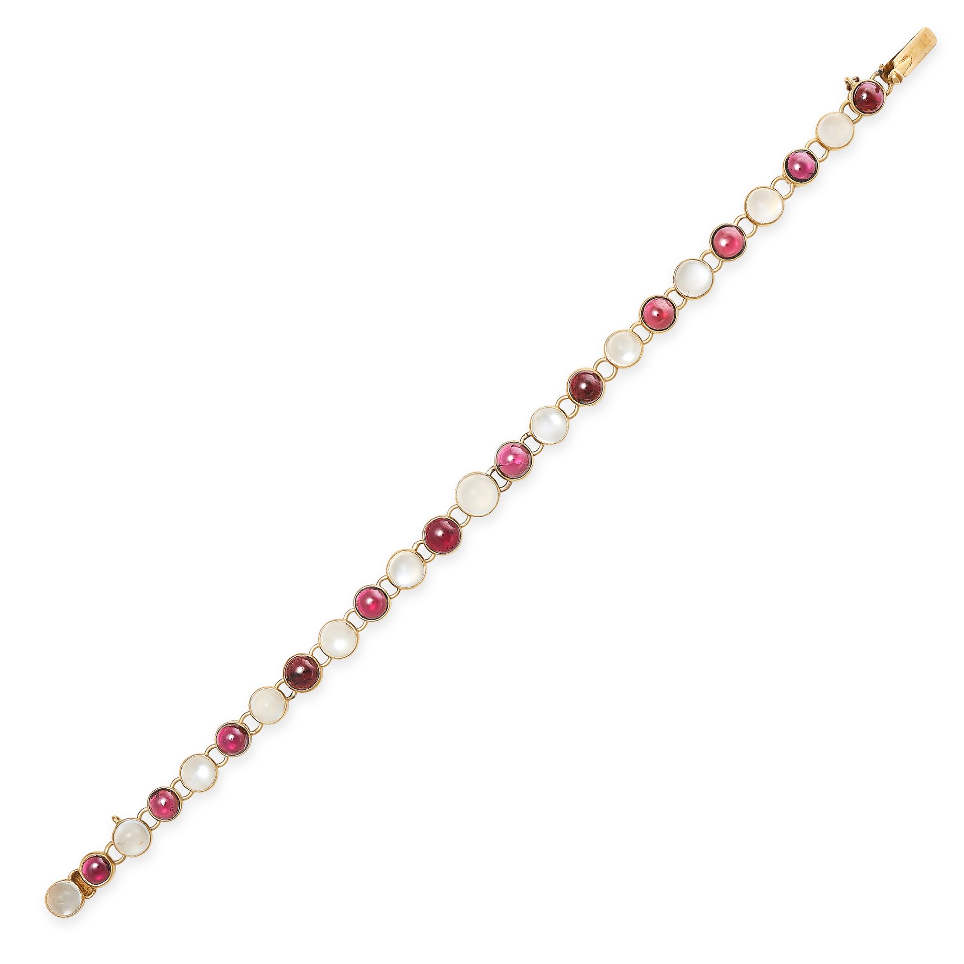 Null A VINTAGE MOONSTONE AND GARNET BRACELET in 18ct yellow gold, set with a row&hellip;