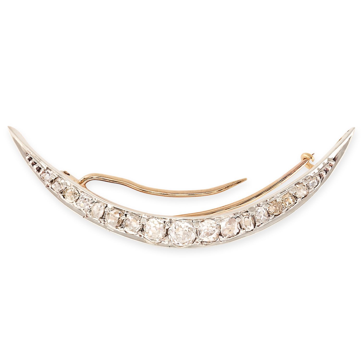 Null A DIAMOND CRESCENT MOON BROOCH in yellow gold and silver, set with a single&hellip;