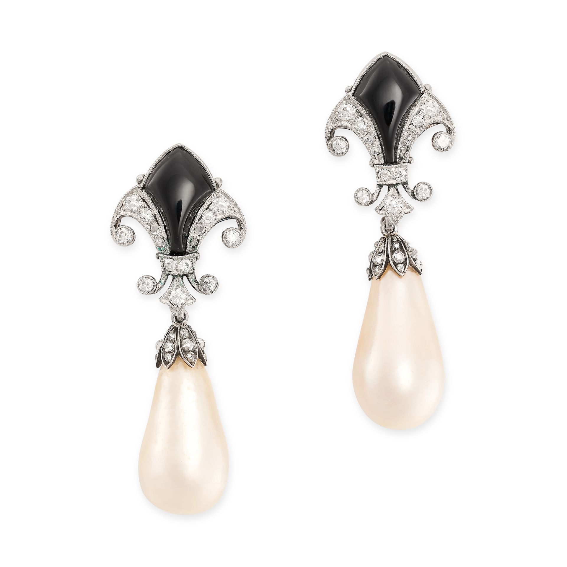 Null A PAIR OF EXCEPTIONAL ART DECO NATURAL PEARL, ONYX AND DIAMOND EARRINGS eac&hellip;