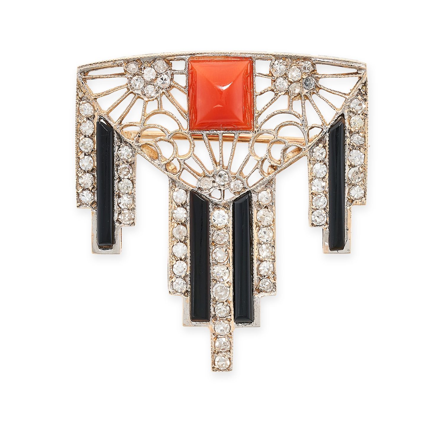 Null A FINE ART DECO CORAL, DIAMOND AND ONYX BROOCH in 14ct yellow gold, set wit&hellip;