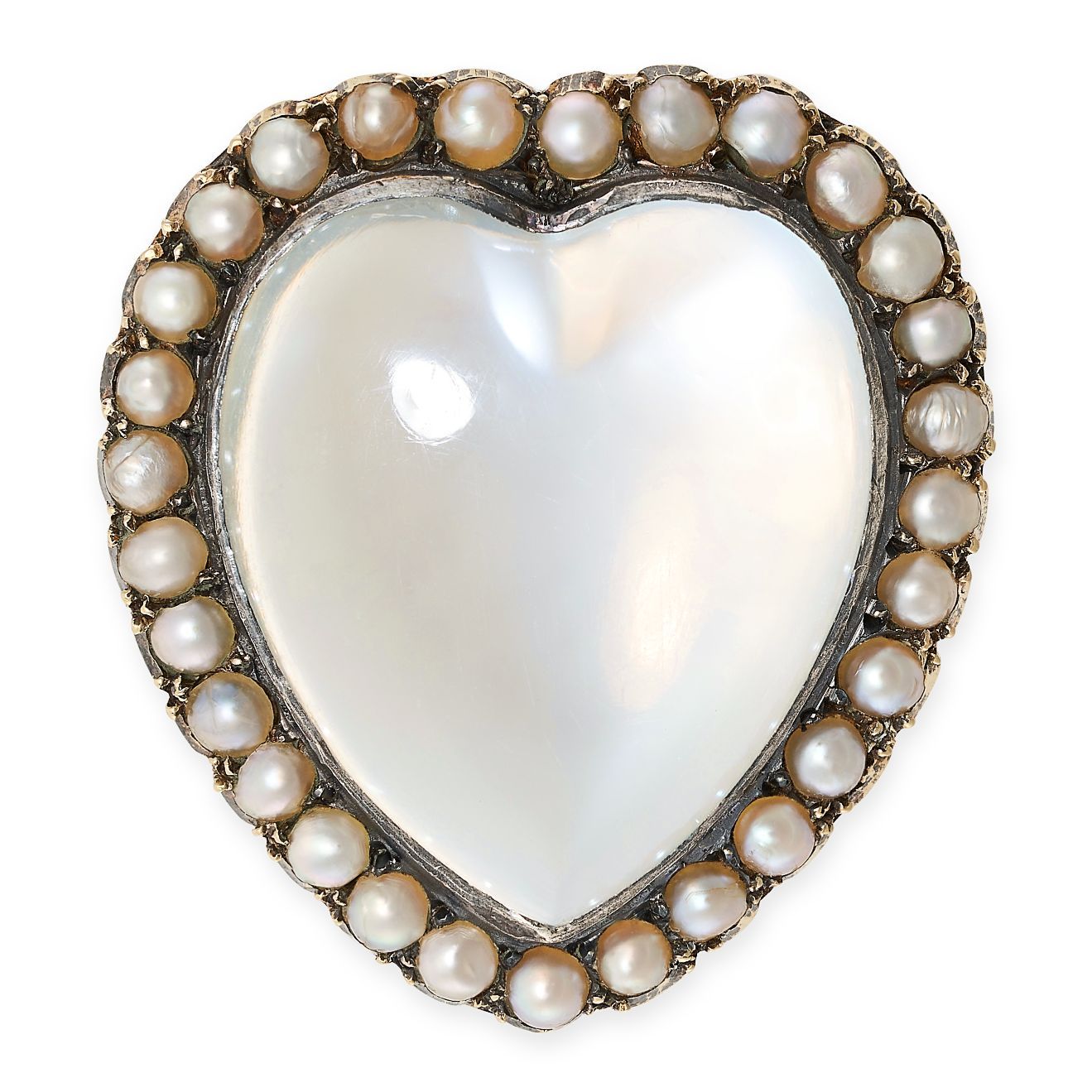 Null AN ANTIQUE MOONSTONE AND PEARL SWEETHEART BROOCH, 19° SECOLO in oro giallo &hellip;