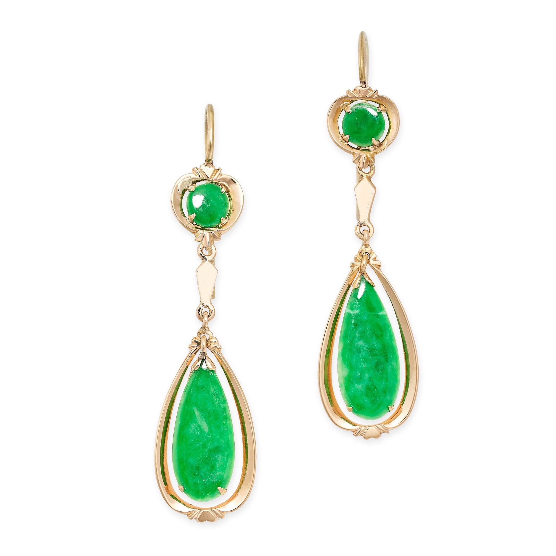 Null A PAIR OF VINTAGE JADEITE JADE DROP EARRINGS in yellow gold, each set with &hellip;