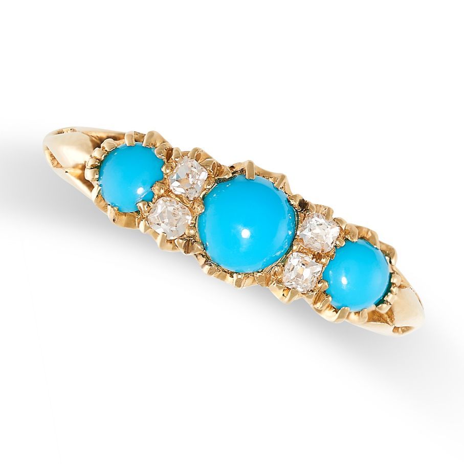 Null AN ANTIQUE TURQUOISE AND DIAMOND RING in 18ct yellow gold, set with three t&hellip;