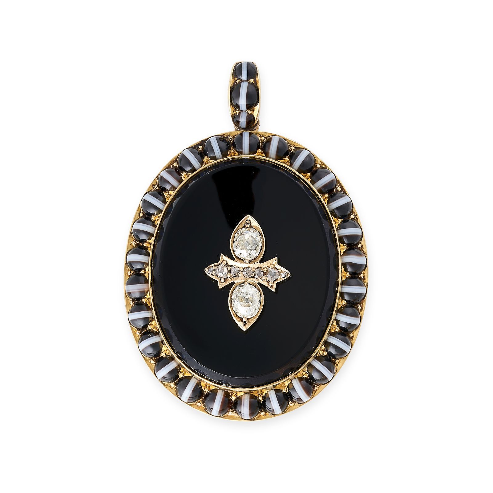 Null FINE ANTIQUE VICTORIAN DIAMOND, ONYX AND BANDED AGATE MOURNING LOCKET PENDA&hellip;