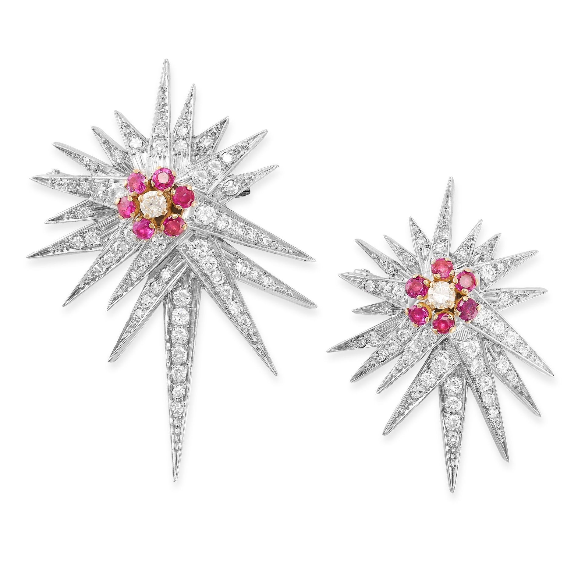 Null A PAIR OF VINTAGE DIAMOND AND RUBY STAR BROOCHES each designed as an abstra&hellip;