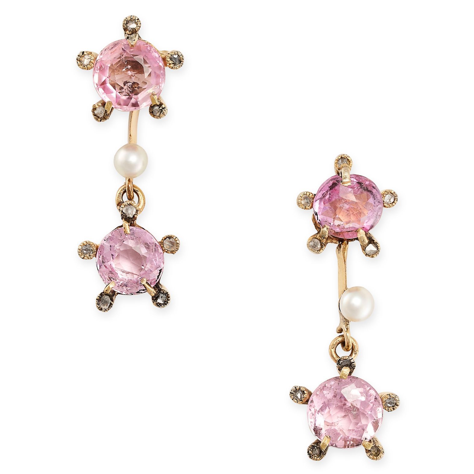 Null A PAIR OF ANTIQUE PINK TOURMALINE, DIAMOND AND PEARL DROP EARRINGS in yello&hellip;