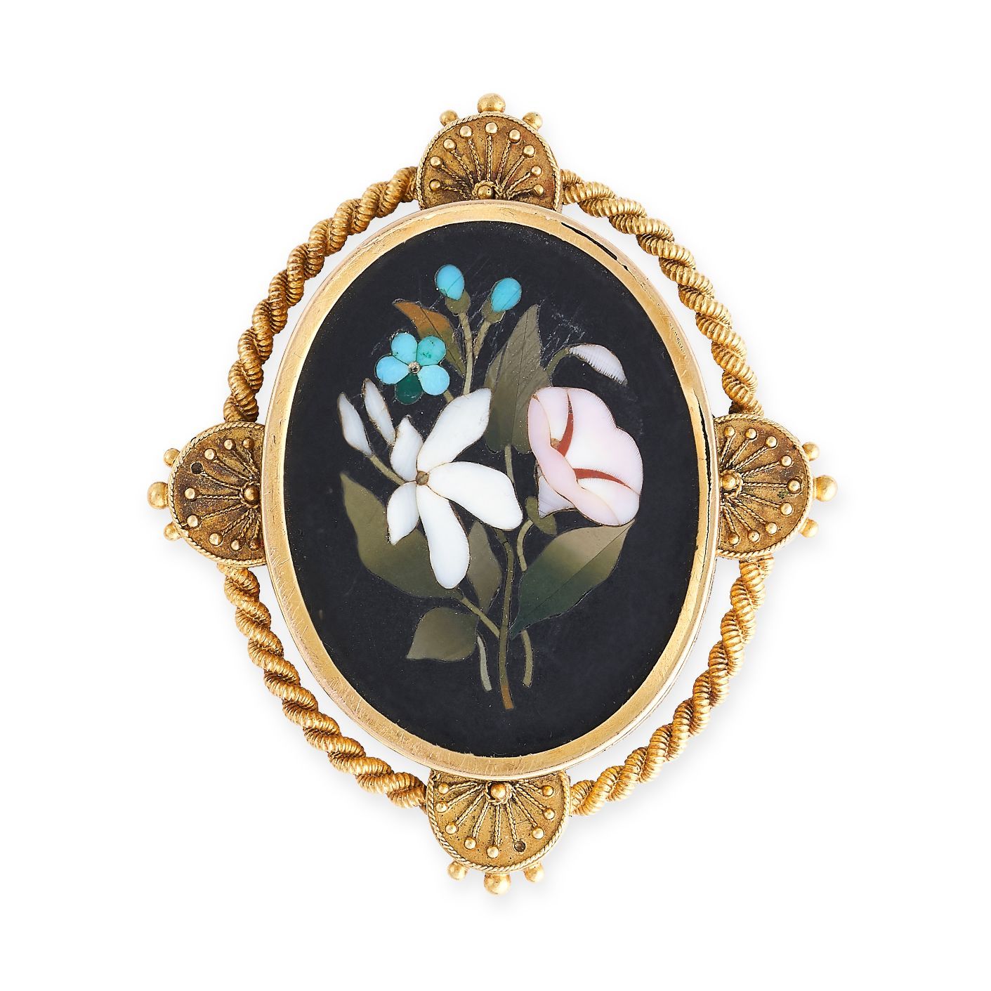 Null AN ANTIQUE PIETRA DURA LOCKET BROOCH in yellow gold, of oval design, inset &hellip;