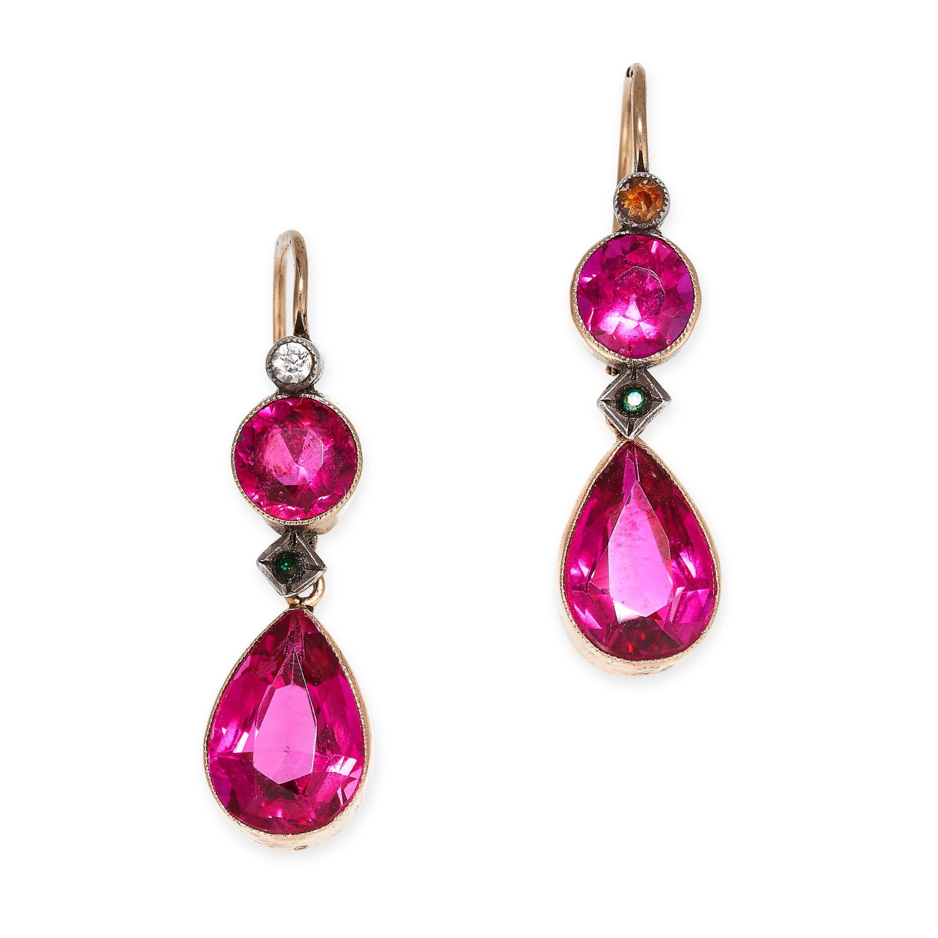 Null A PAIR OF SYNTHETIC RUBY, GREEN PASTE AND DIAMOND DROP EARRINGS in yellow g&hellip;