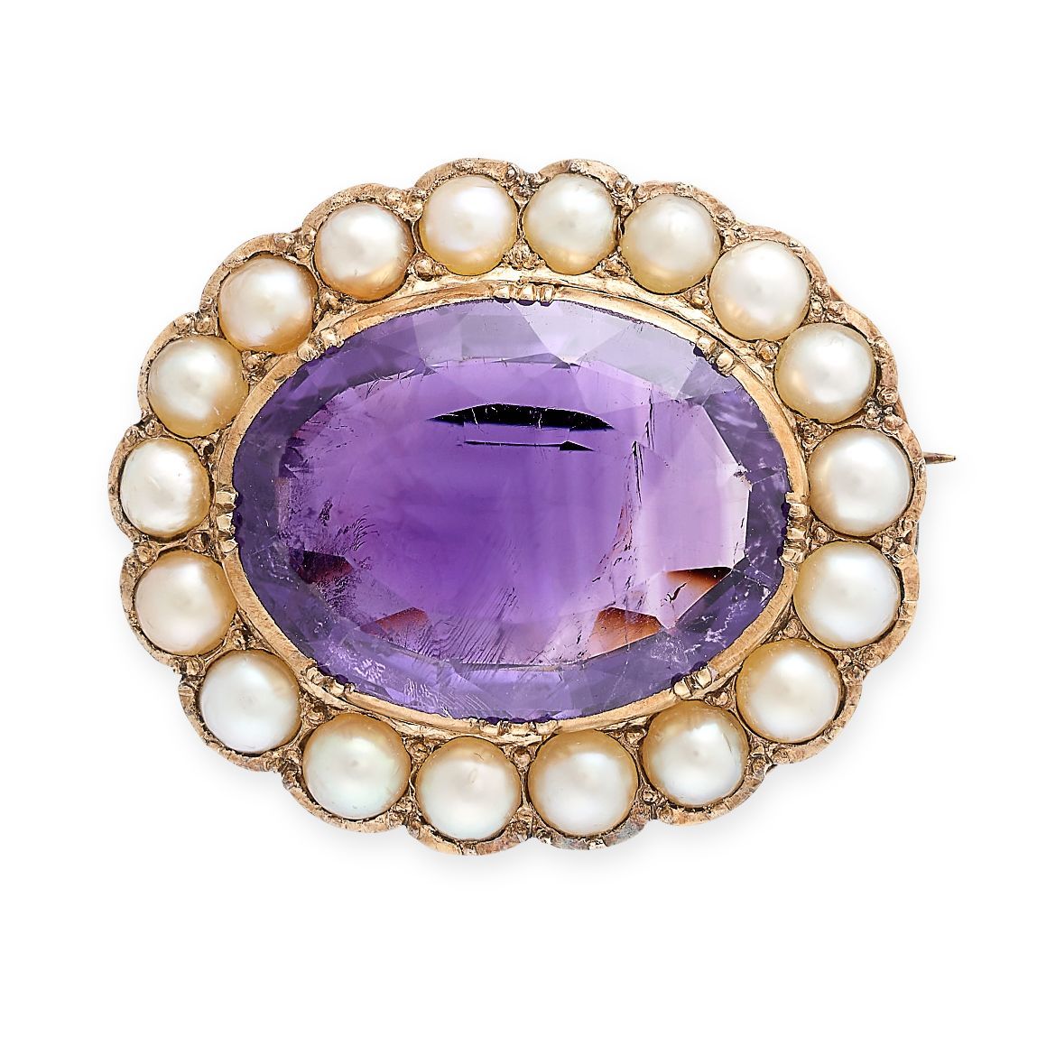 Null AN ANTIQUE AMETHYST AND PEARL BROOCH, 19TH CENTURY in yellow gold, set with&hellip;