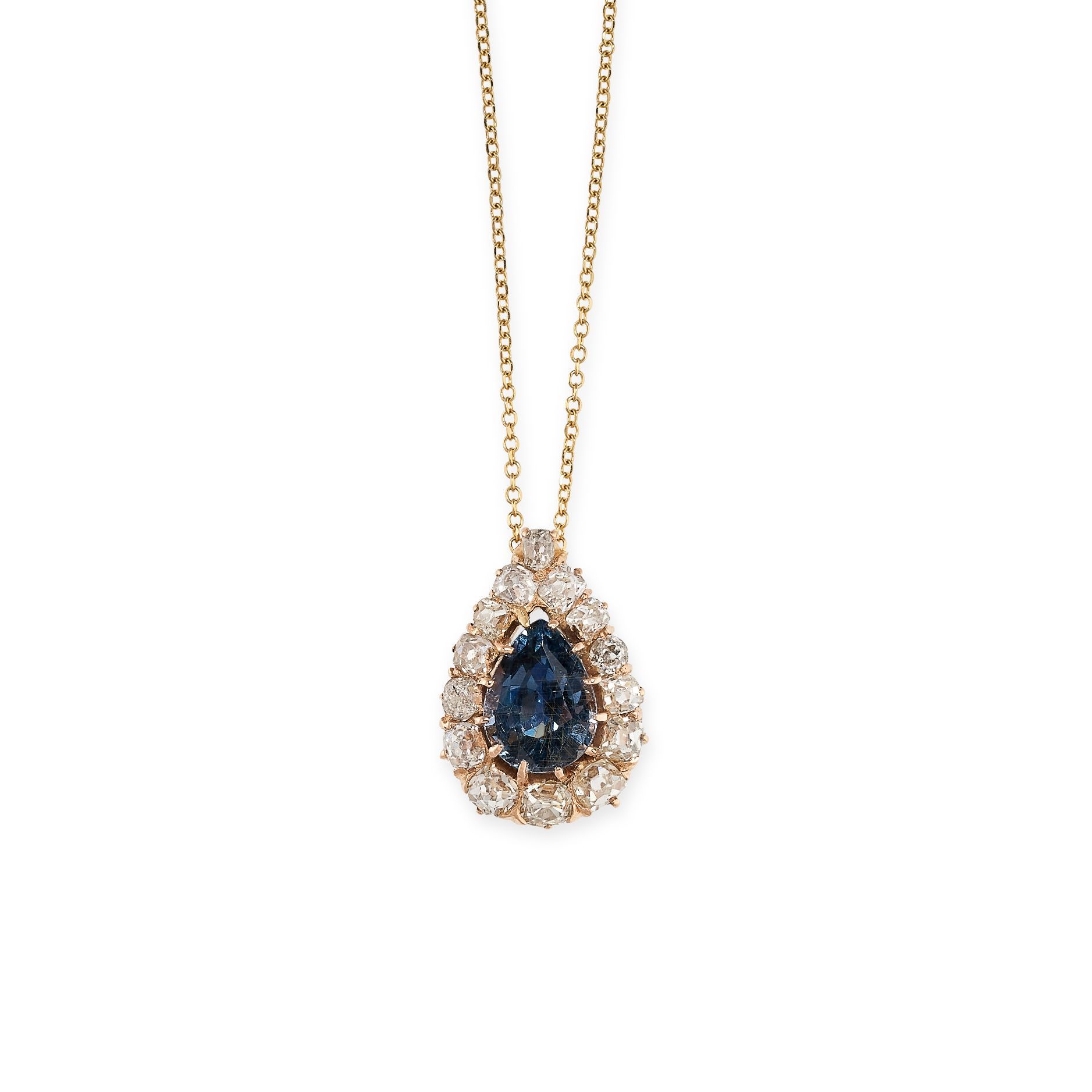 Null 一条18K黄金蓝色尖晶石和钻石吊坠项链，镶有梨形尖晶石和老式切割钻石，链子上印有750，1.5厘米，链长43.0厘米，重2.8克。