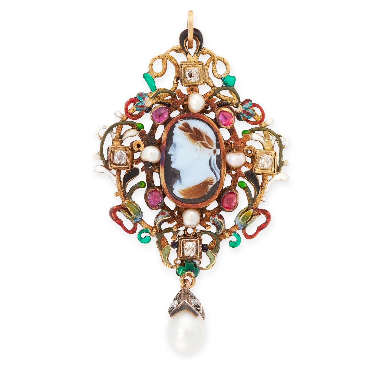 Null FINE ANTIQUE PEARL, DIAMOND, RUBY AND ENAMEL CAMEO PENDANT in Gelbgold, bes&hellip;