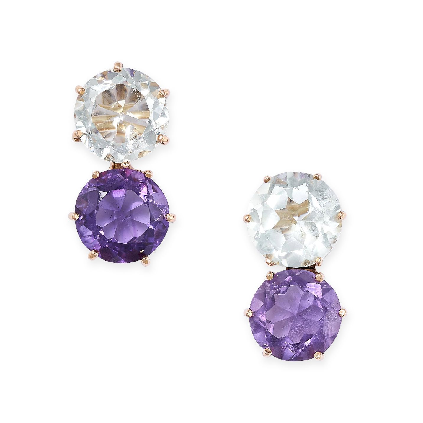 Null A PAIR OF AMETHYST AND ROCK CRYSTAL EARRINGS each set with a round cut rock&hellip;