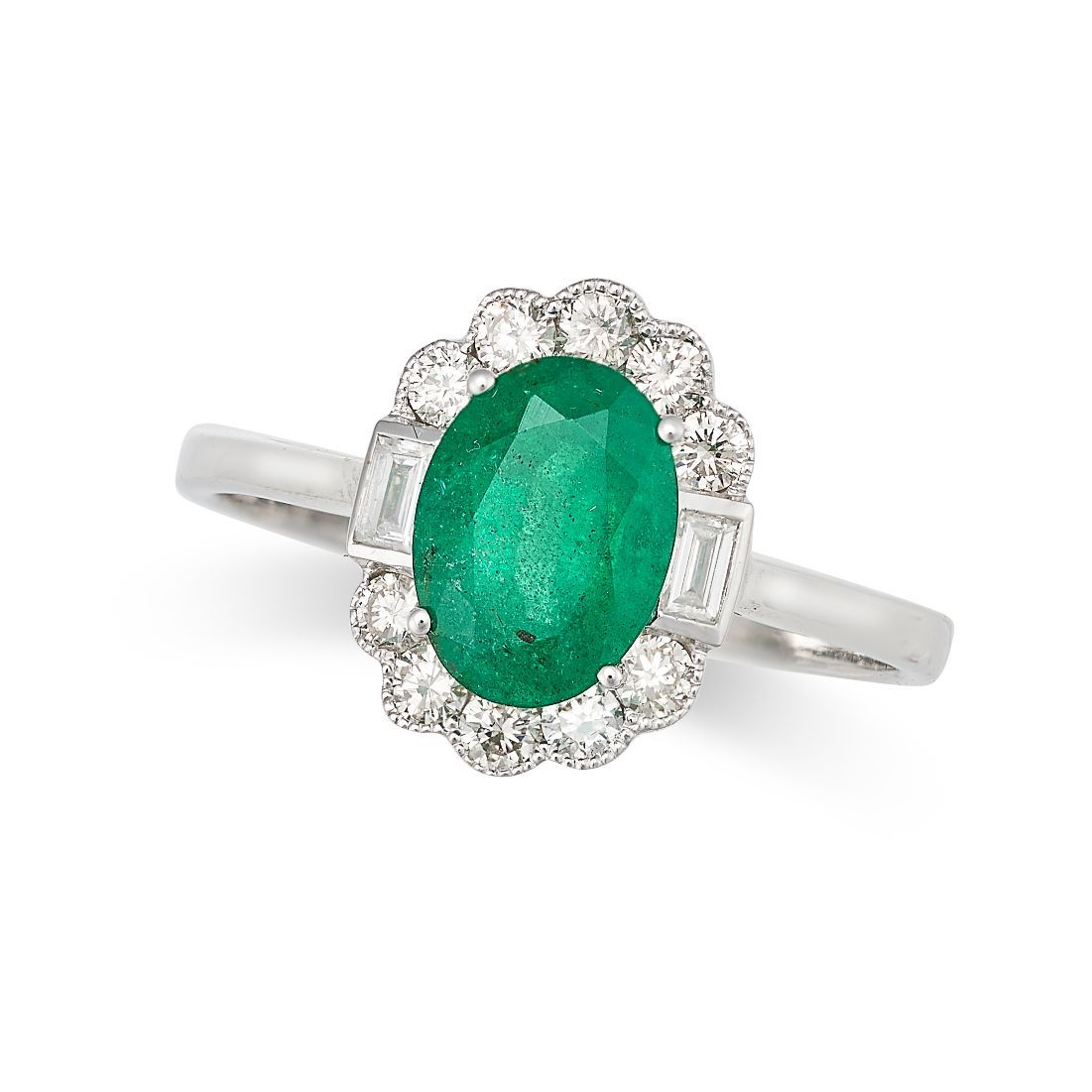 Null 18K白金祖母绿和钻石礼服戒指，镶有1.25克拉的椭圆形祖母绿，边框为方形和圆形切割钻石，印有750，尺寸为M/6.25，重2.6克。