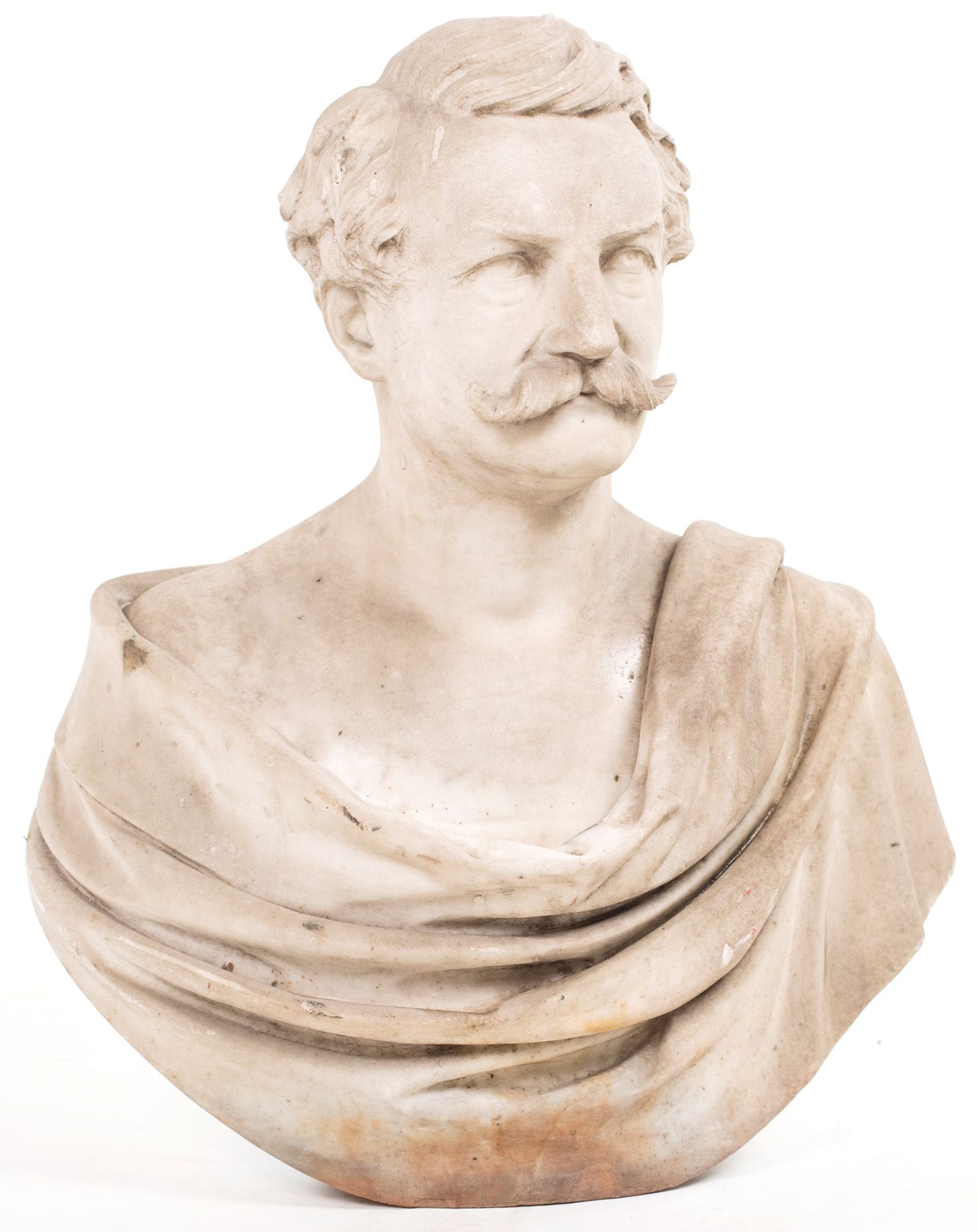 White marble bust, 19th century depicting a toga gentleman with a mustache