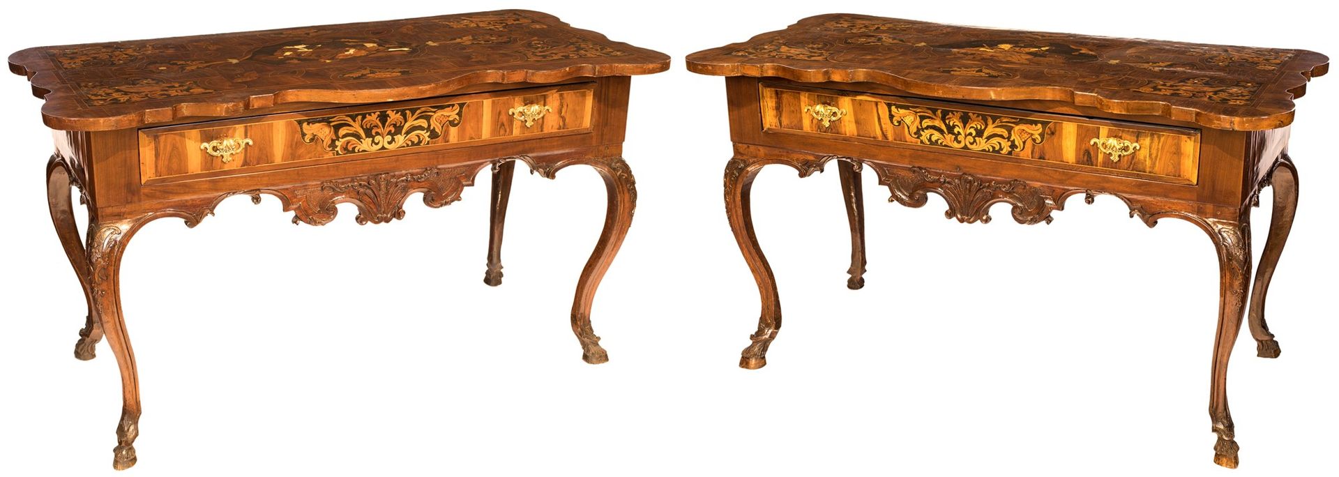 Pair of consoles veneered in walnut and woods of various essences, Lombardy, mid&hellip;