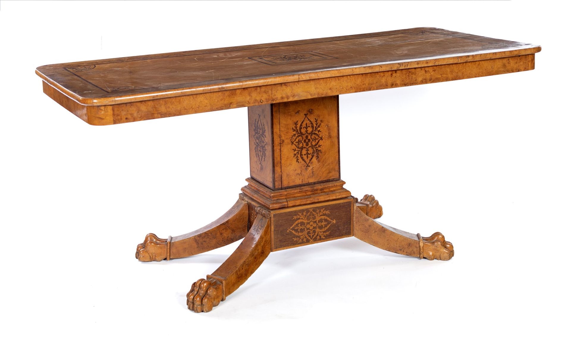 Charles X table decorado con incrustaciones; soporte central