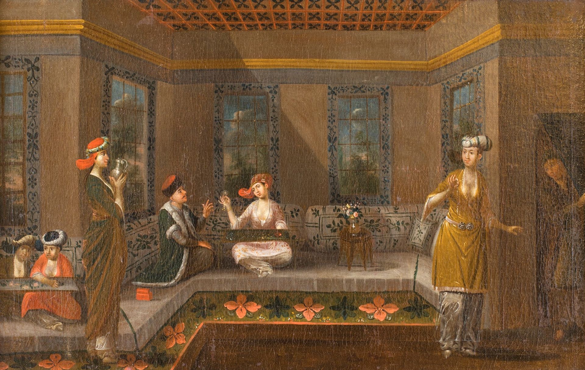 Scuola europea, fine XVII/inizio XVIII secolo Interior in oriental style 金色挡板的乌木&hellip;
