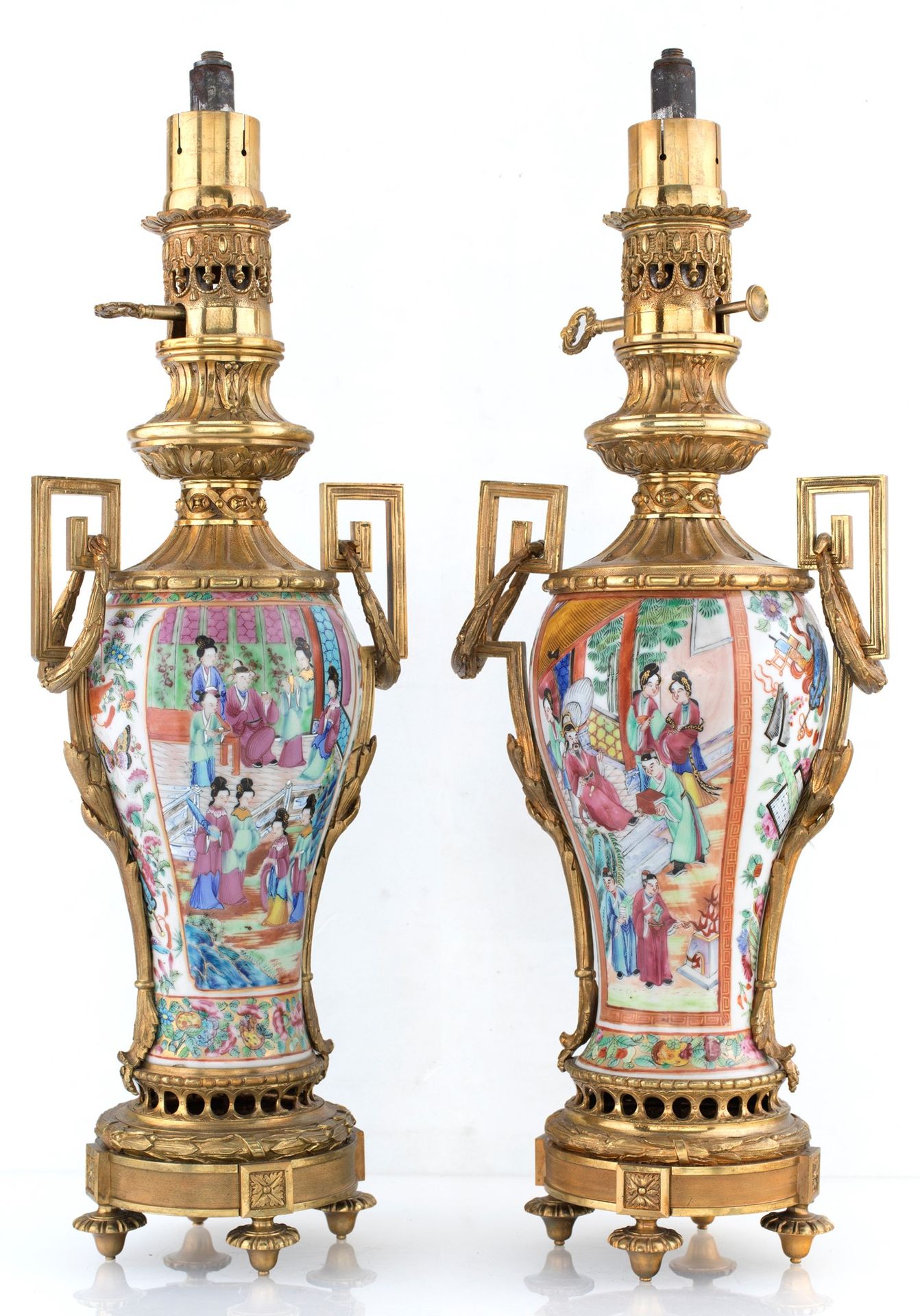 Pair of lamp-mounted vases, China 19th century decorated in lively polychrome wi&hellip;