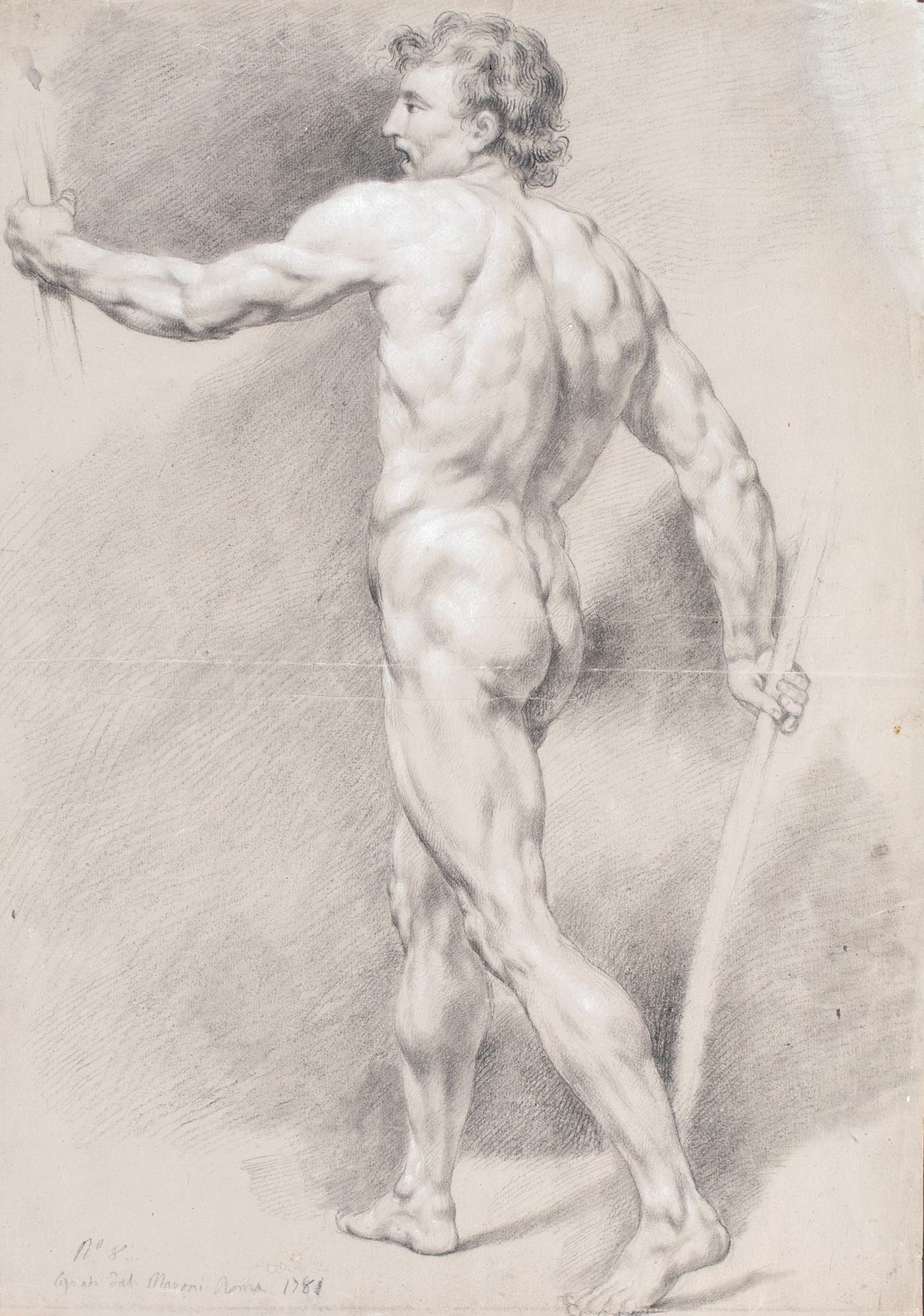 Pittore Romano del XVIII secolo Male nude study 左下方有签名和日期；"罗马1781"。带涡旋的穿孔木框。