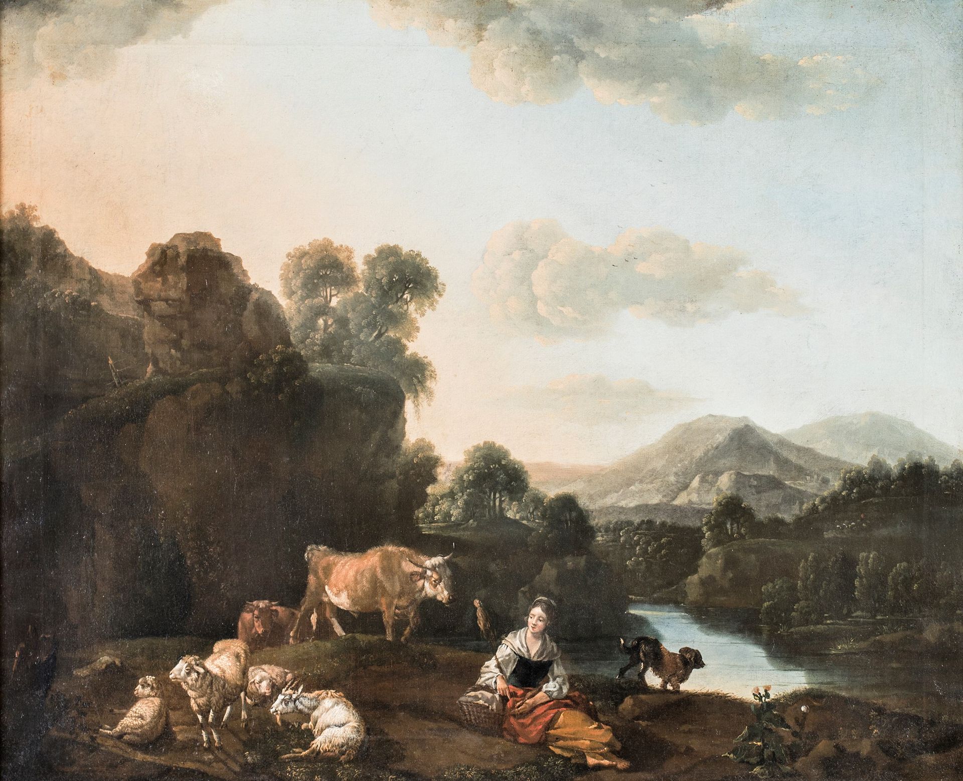 Scuola Romana del XVIII secolo Landscape with shepherdess and herds Oil painting&hellip;