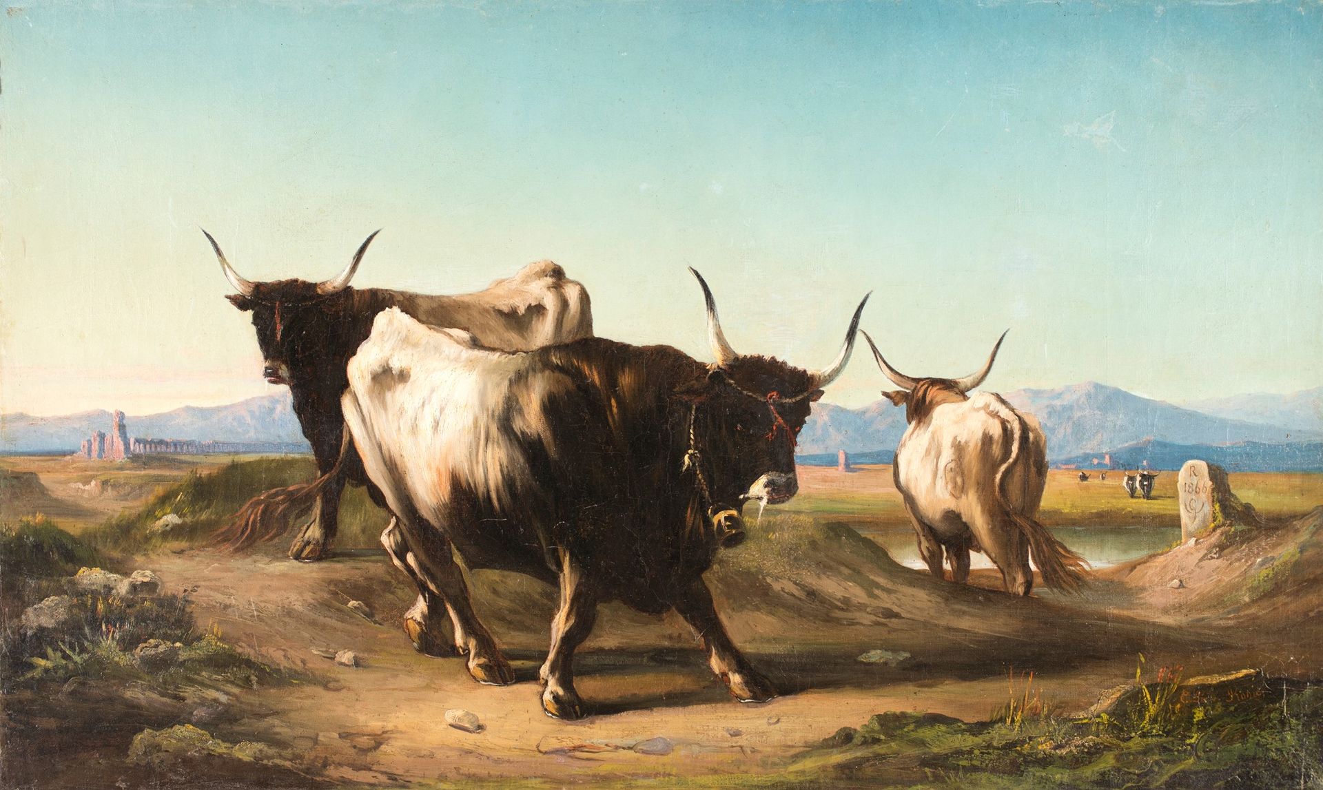 Pittore del XIX secolo Oxen in the Roman countryside Sin marco