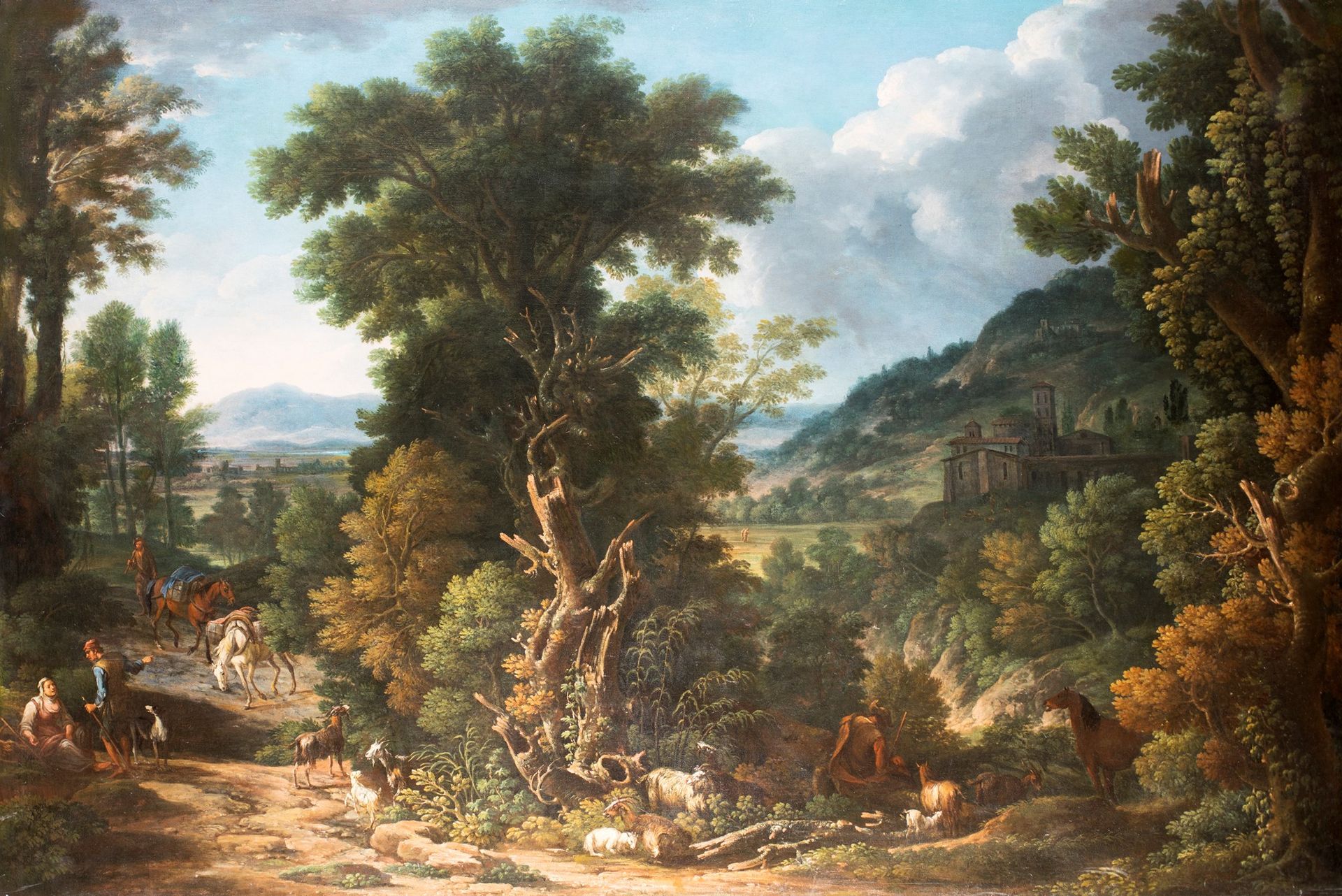 Pittore romano del XVII secolo Landscape with knights and flocks 画布上的油画