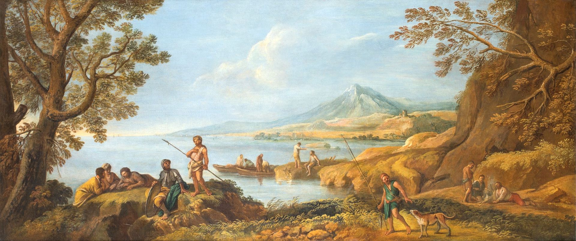 Scuola Romana del XVIII secolo Coastal landscape with fishermen Peinture à l'hui&hellip;