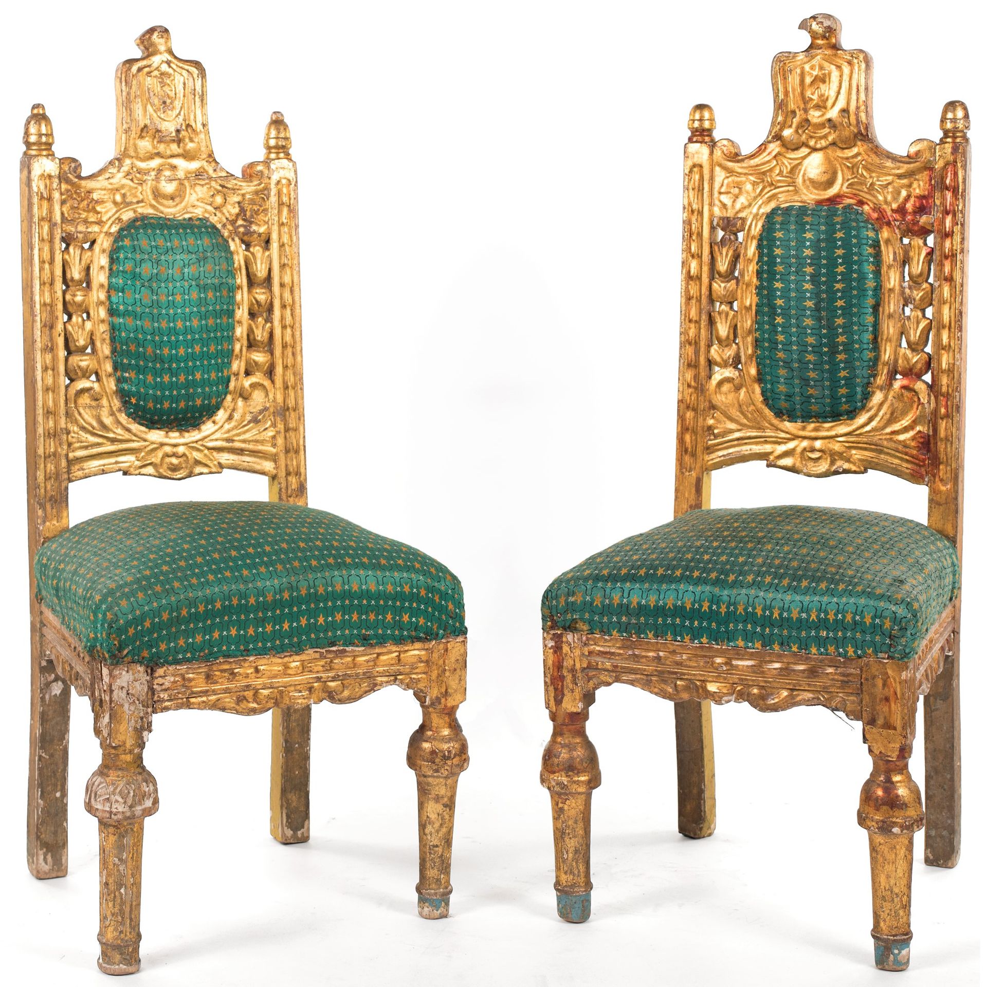 Pair of chairs in gilded wood with high backs and padded seats, square legs
