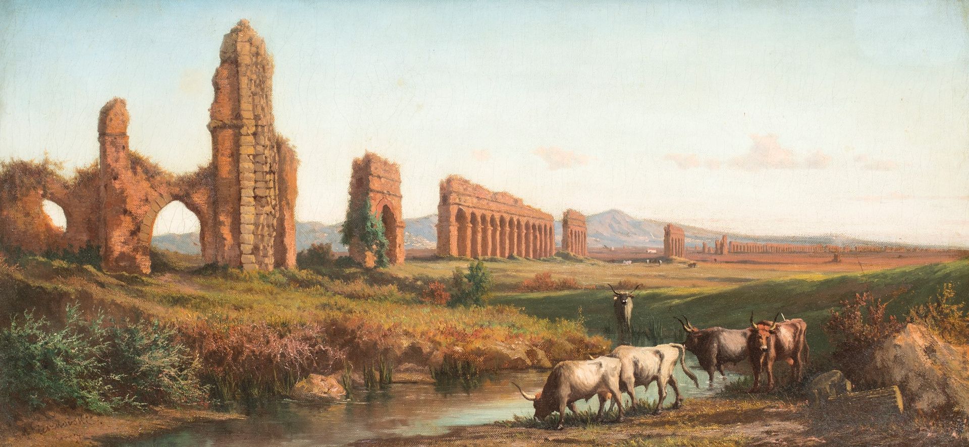 Henryk Cieszkowski Landscape with Roman aqueduct 左下方有签名和日期：H. Cieszkowski 18