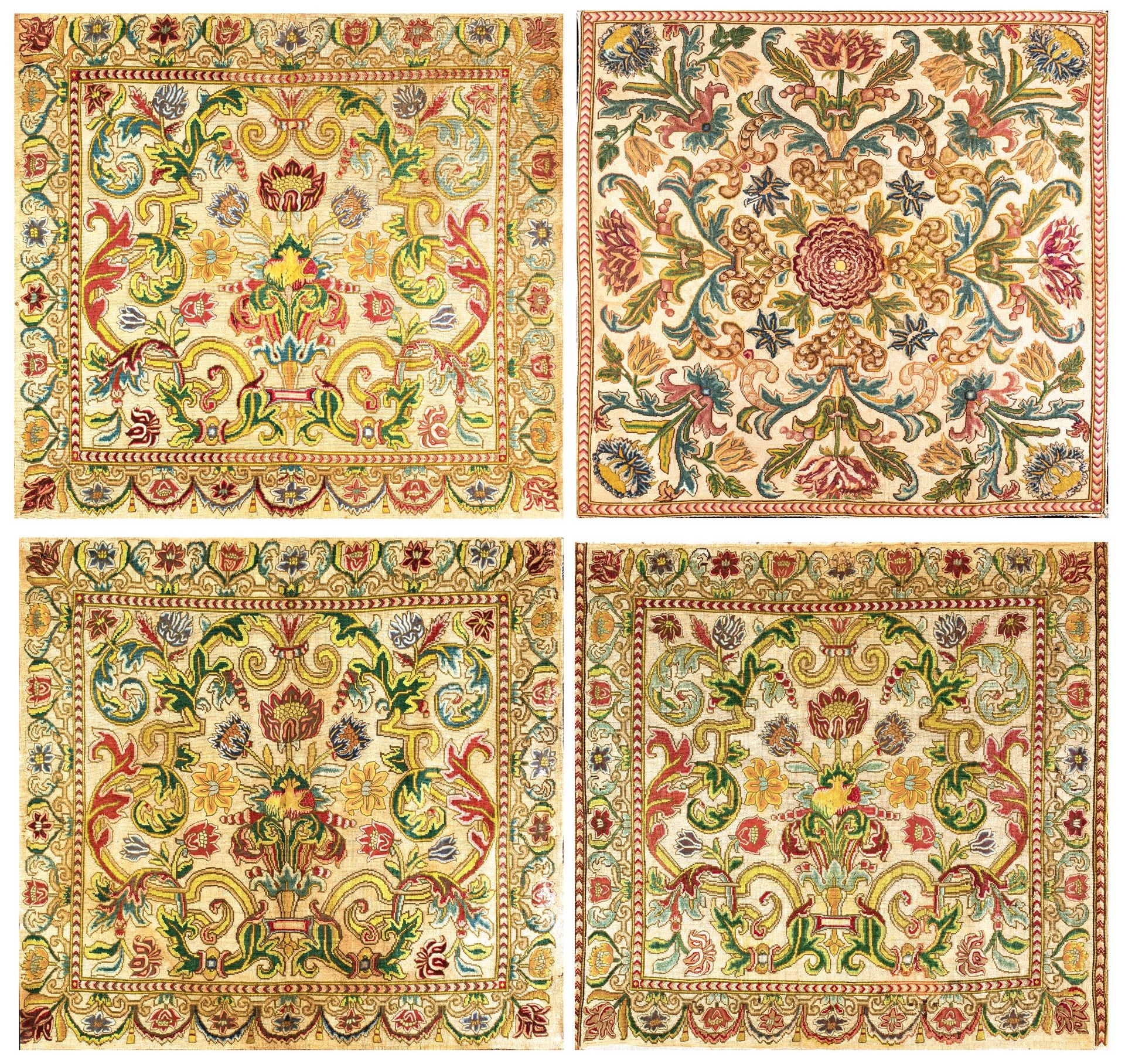 Lot of four antique small stitch upholstery fabrics 其中三个是类似的，一个有类似的装饰特点