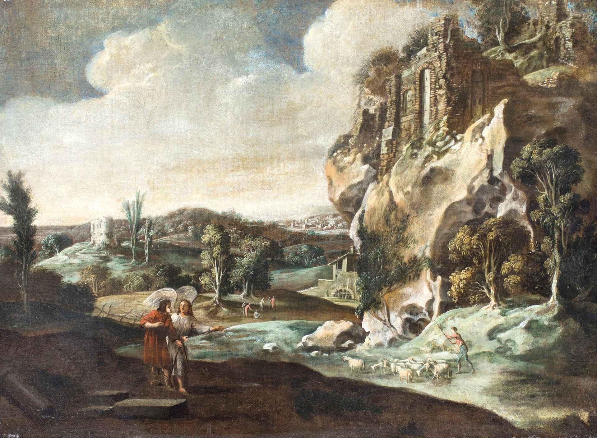 Pittore del XVIII secolo Tobias and the Angel Ölgemälde auf Leinwand